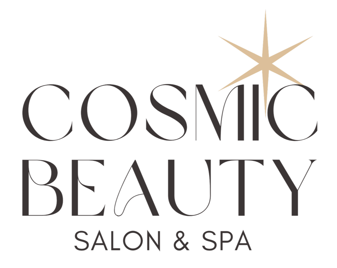 Cosmic Beauty Salon & Spa logo with black text and a gold starburst icon above the word "Cosmic".