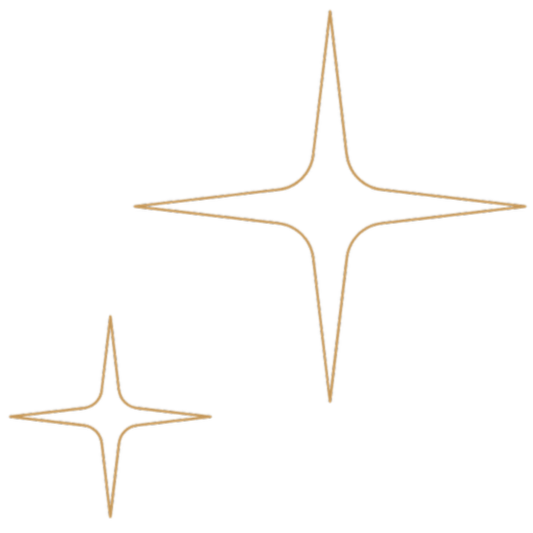 Two stylized, golden, four-pointed star shapes with elongated points on a black background.