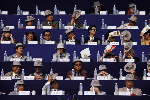 Confucian scholars participating in a ceremony in Qufu, Shandong Province