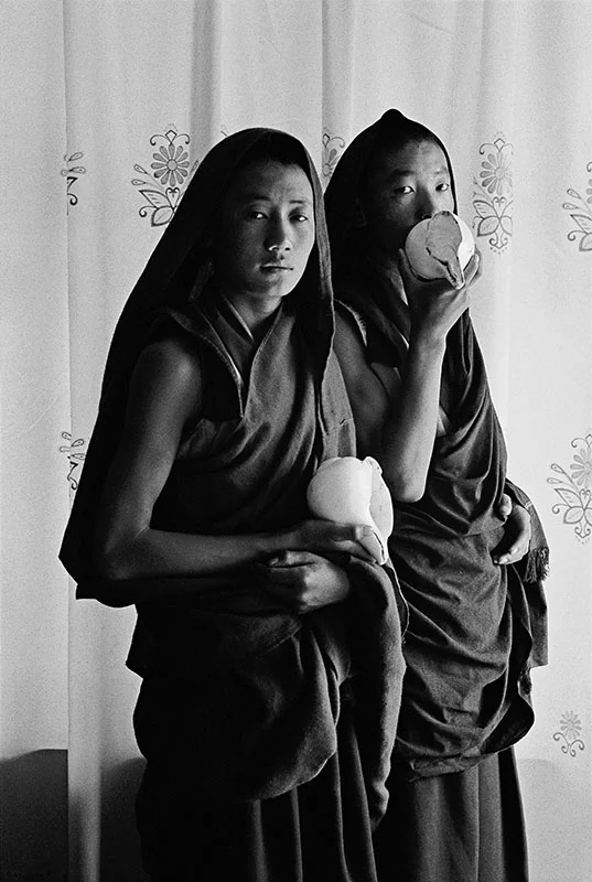 Monks blowing the dharma conch, Qinghai