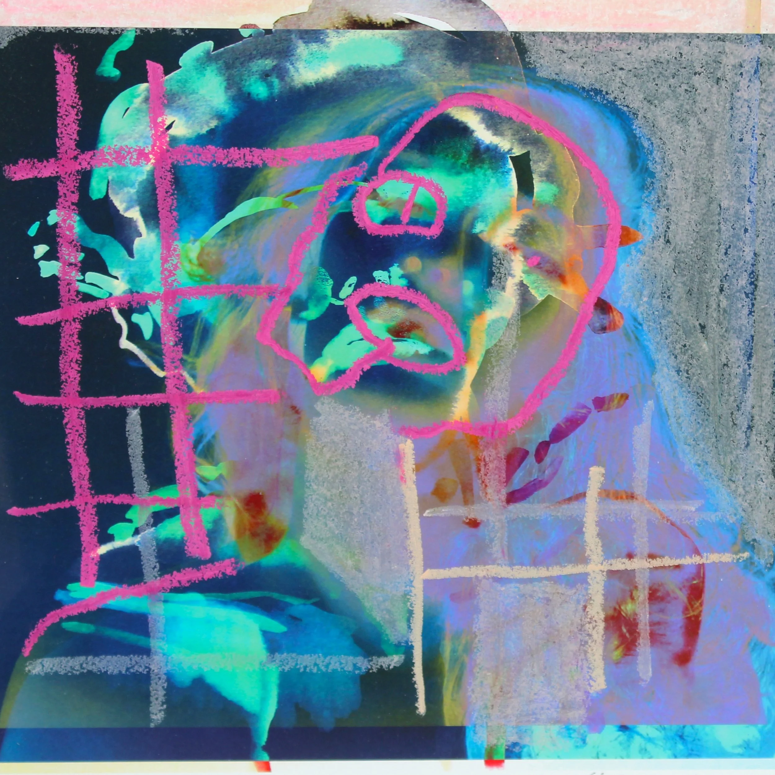  Selfie II&nbsp;  Oil pastel on Giclée print  42 cm &nbsp;x 42 cm  2016&nbsp;  Sold 