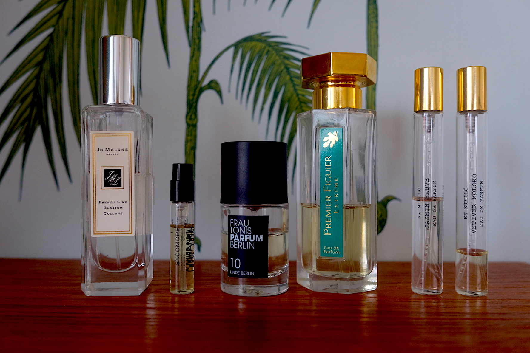 French Lime Blossom Cologne, Sycomore, Linde Berlin, Premier Figuier Extreme, Jasmin Fauve och Vetiver Moloko.