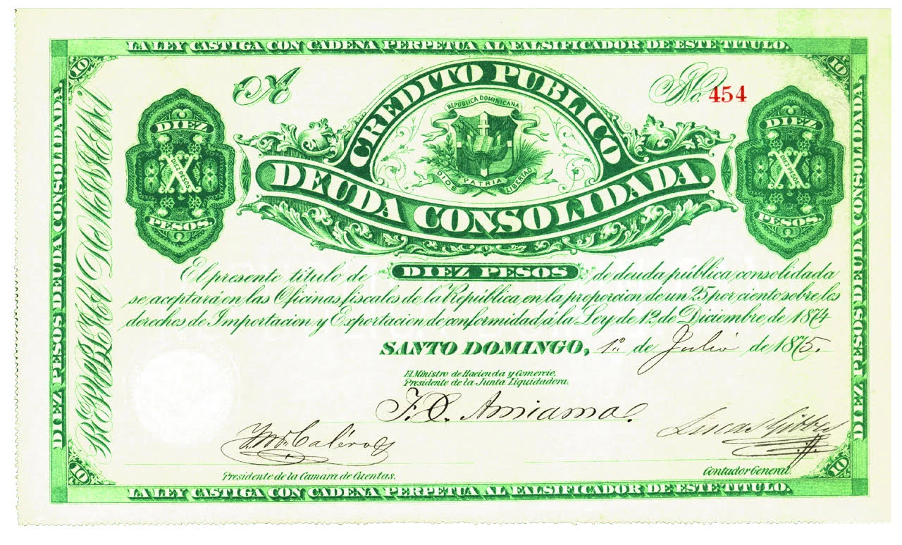 10 Pesos. Credito Publico Deuda Consolidada. 1875. República Dominicana.