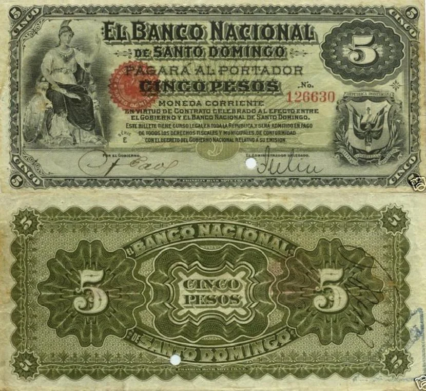 Billetes de 5 pesos. Banco Nacional de Santo Domingo. 1898-1899. Papeletas de Lilis. Republica Dominicana