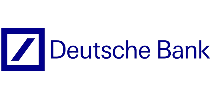 Deutsche Bank logo with a blue square and stylized diagonal line, followed by the text "Deutsche Bank" in blue.