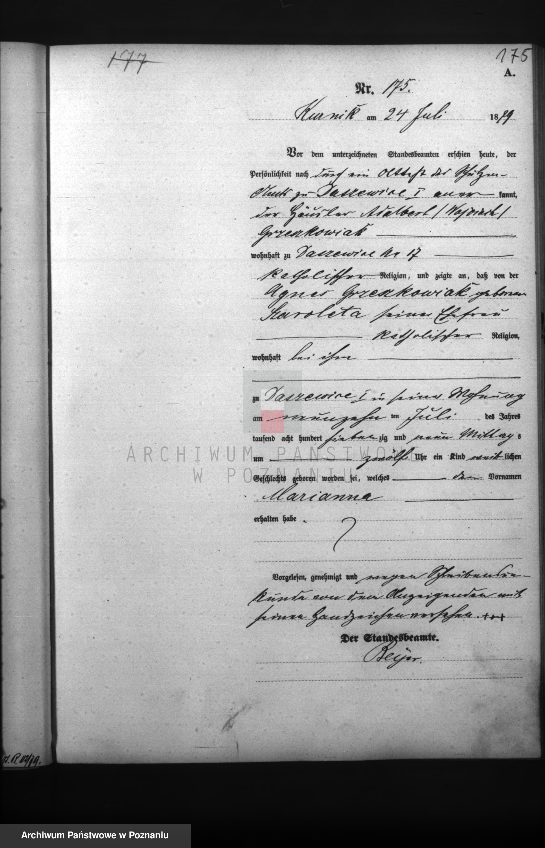 Birth Certificate of Marianna Grzeskowiak (1879-1941)