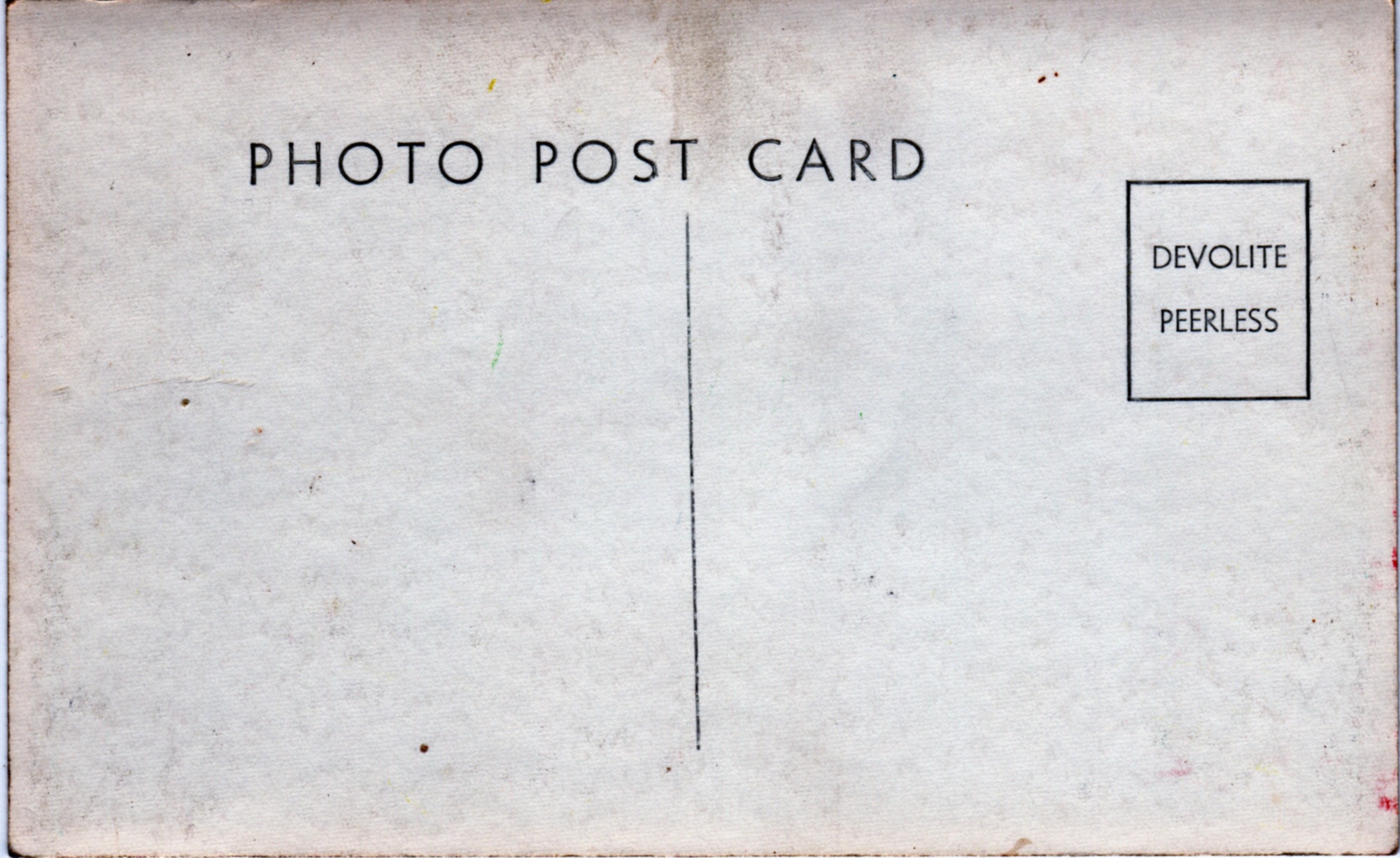 Back of postcard - Devolite Peerless, Publisher