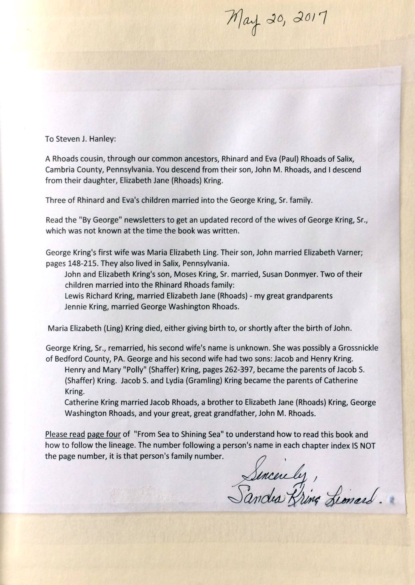 Inscription for Sandra Kring Leonard in From Sea to Shinning Sea: The Kring Family