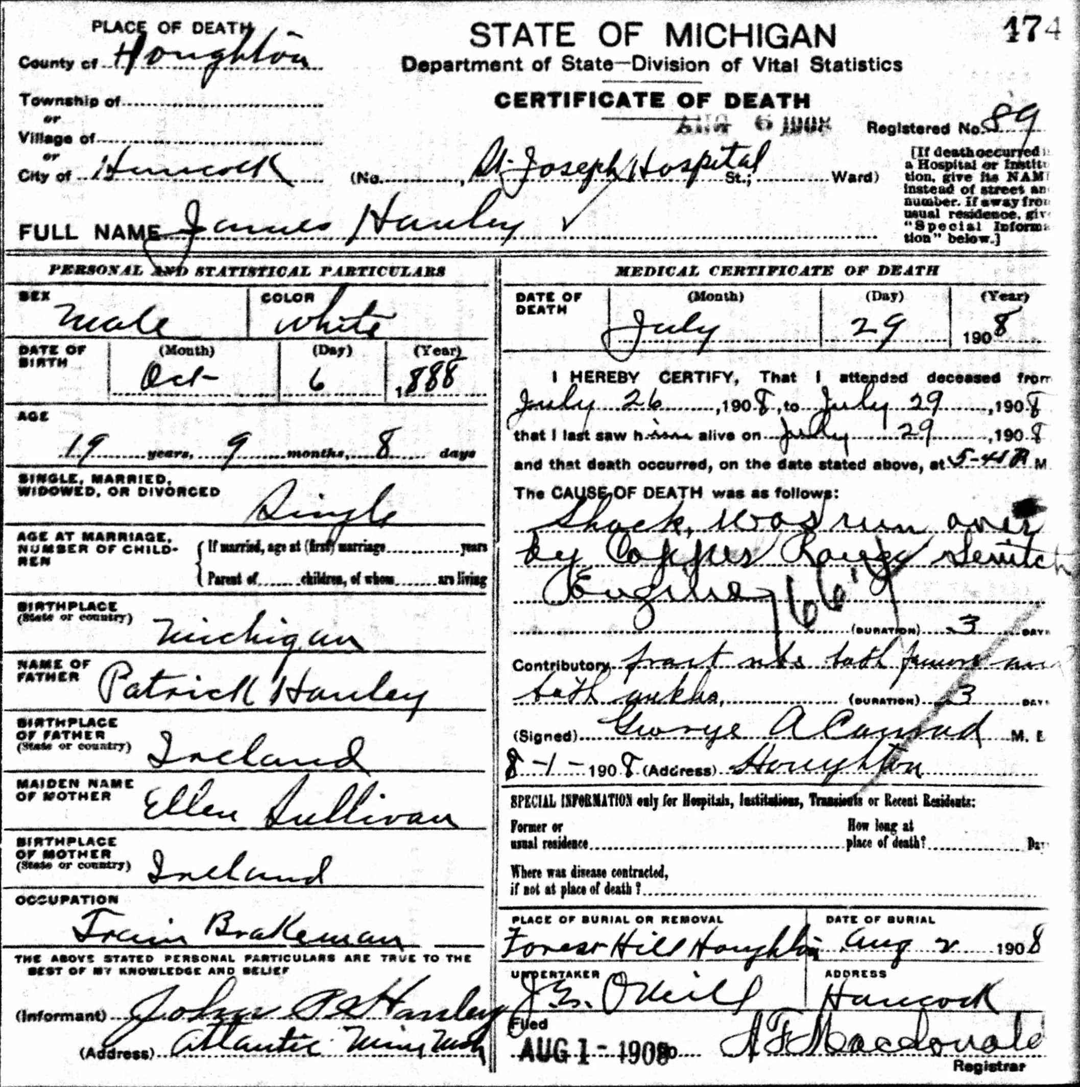 James Hanley (1888-1908) Death Certificate