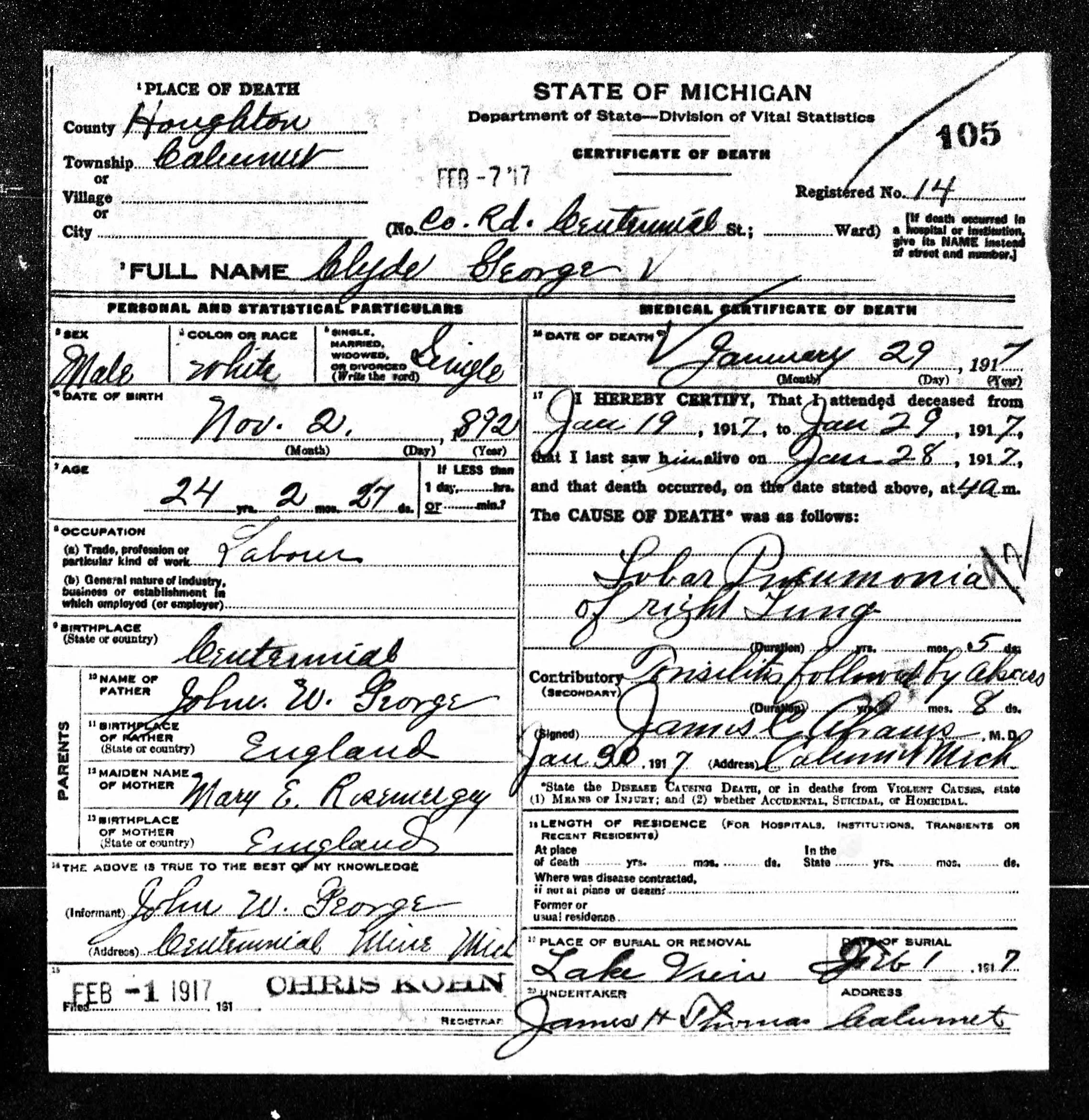 Clyde George (1892-1917) death certificate 