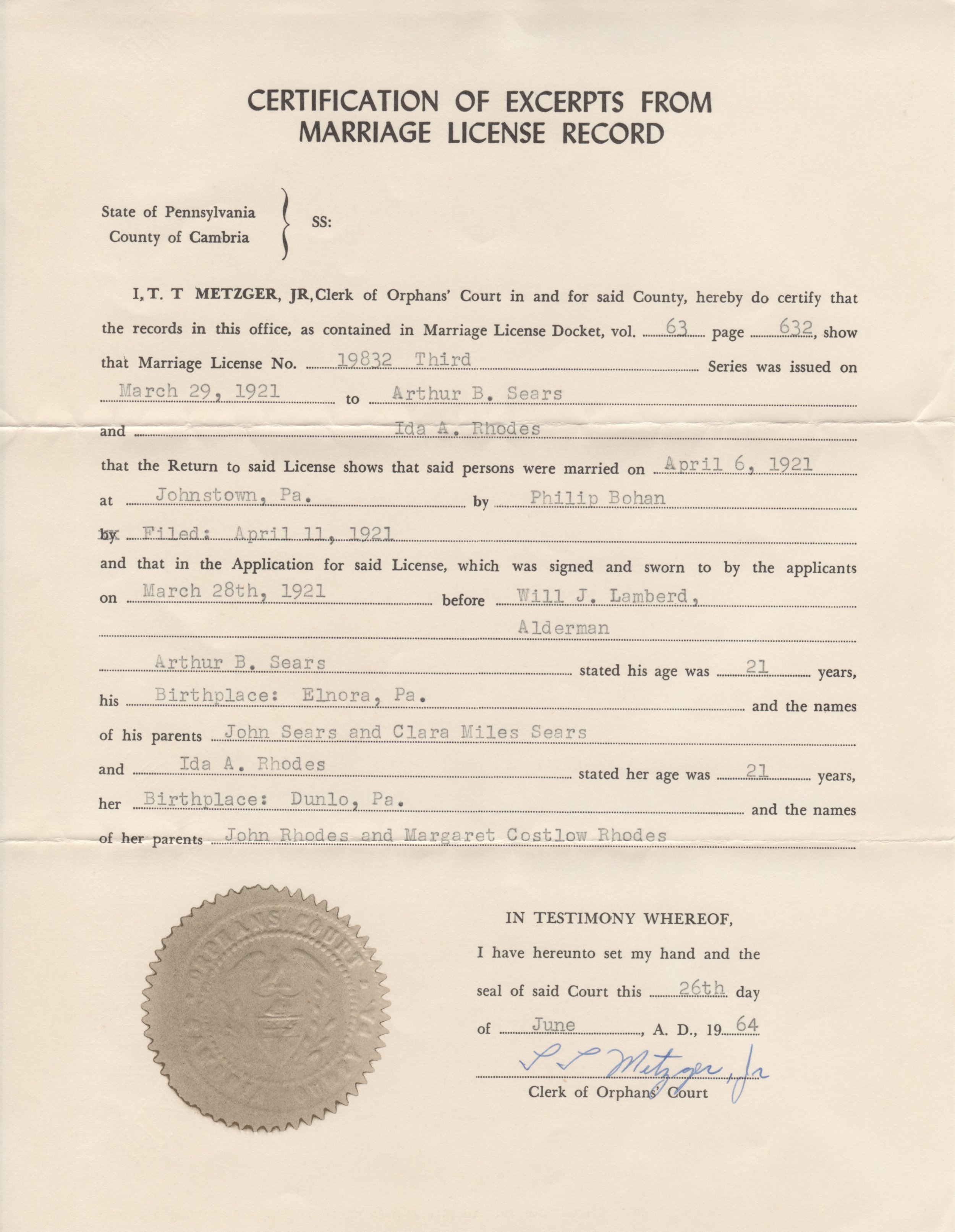 Marriage License Record of Arthur B. Sears and Ida Rhoads Sears