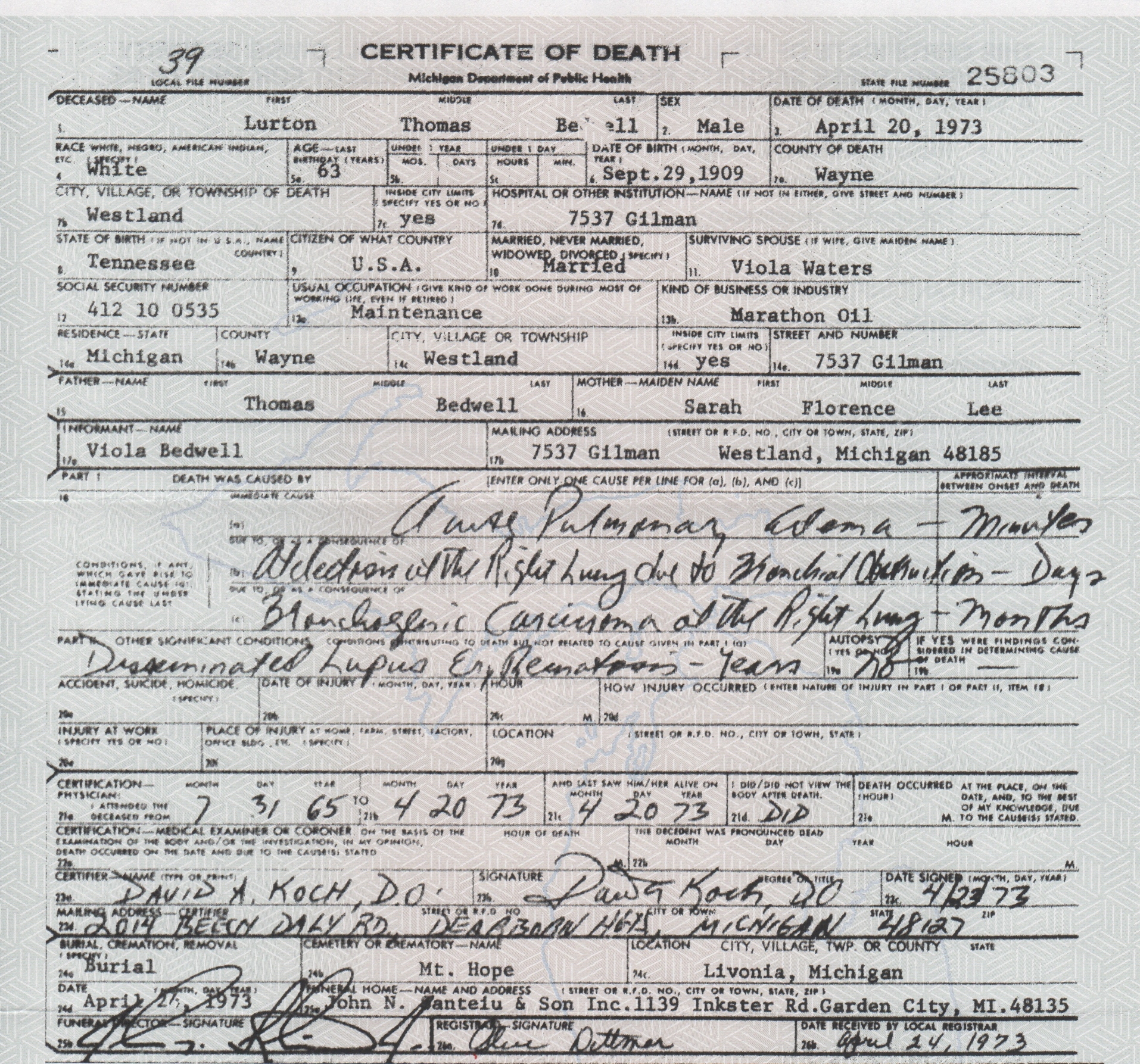 Lurton Bedwell death certificate