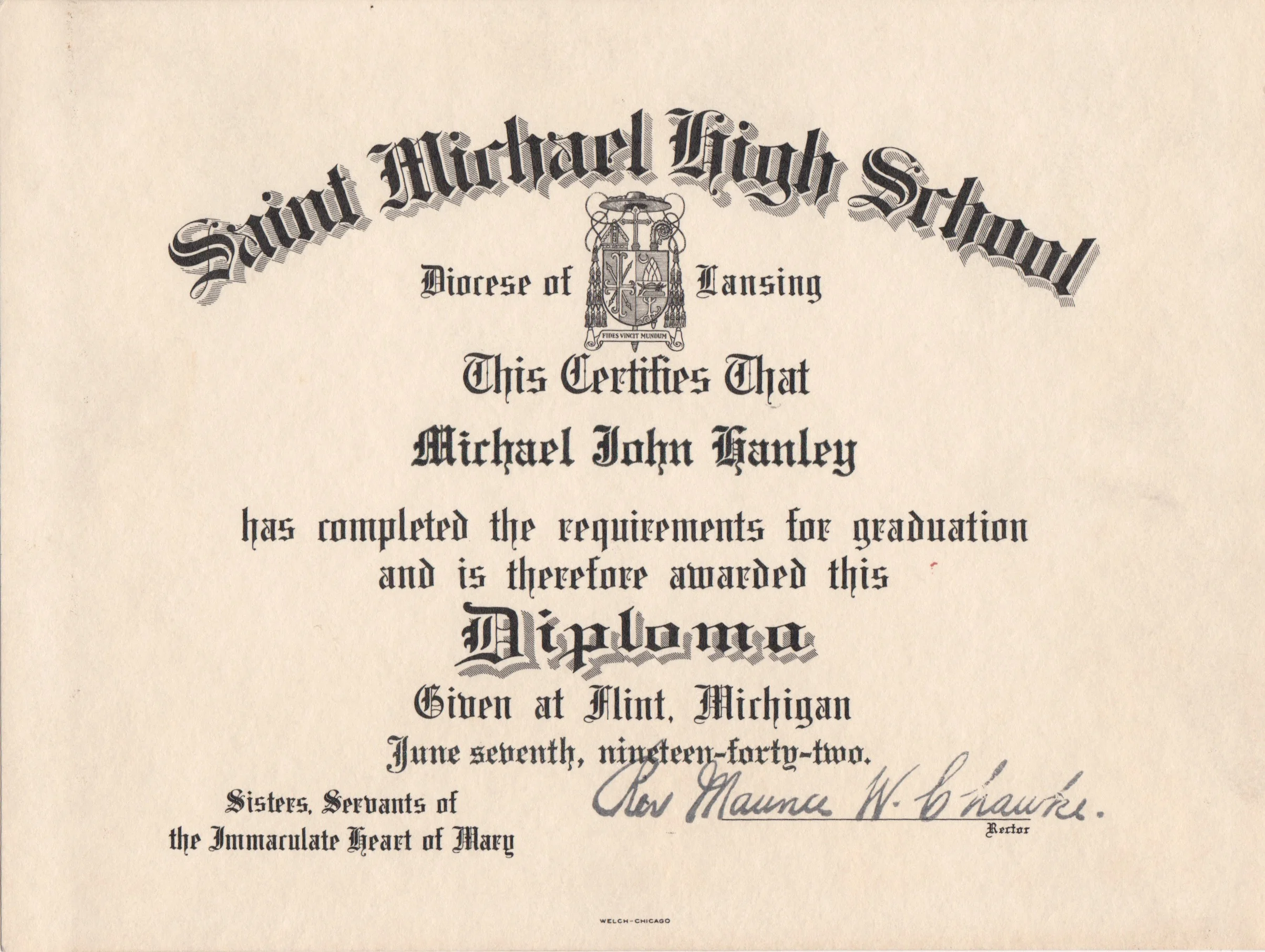 Michael John Hanley (1924-2015) High School Diploma