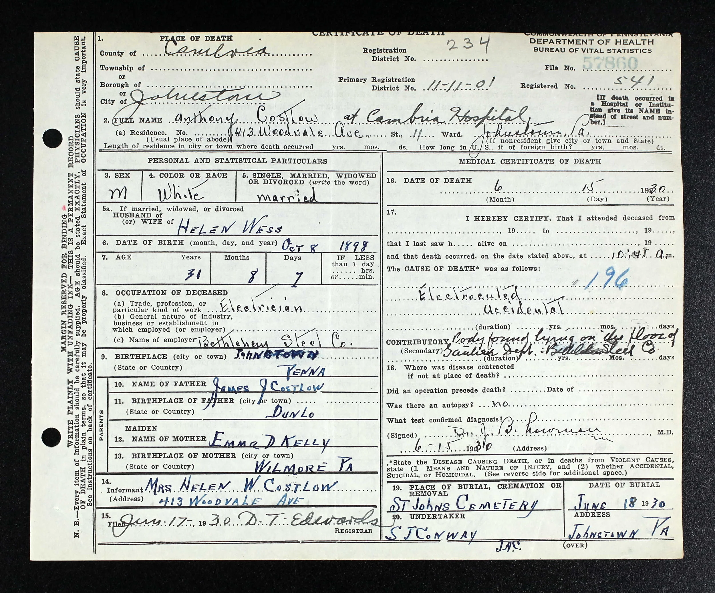 Anthony Joseph Costlow (1898-1930)