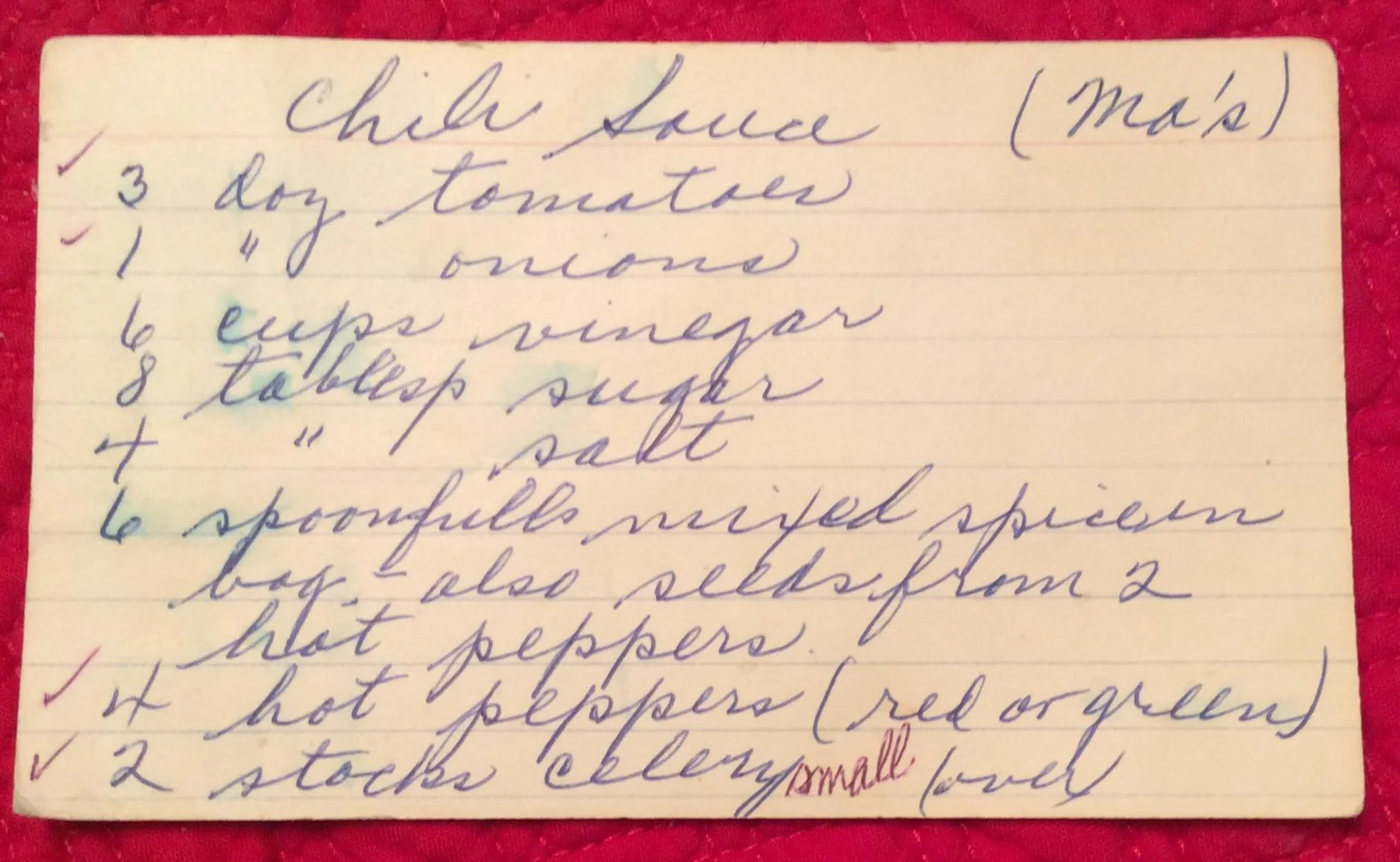 Written in her own hand, Thelma’s Chili Sauce recipe