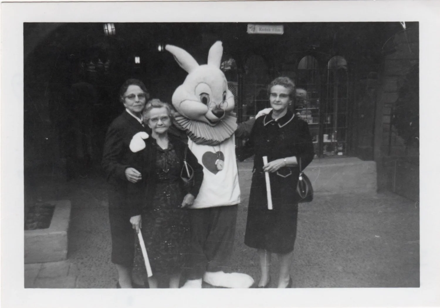 Left to right: Amanda Rhoads Campbell, Mary Rhoads, The White Rabbit, Ida Rhoads Sears. 1965