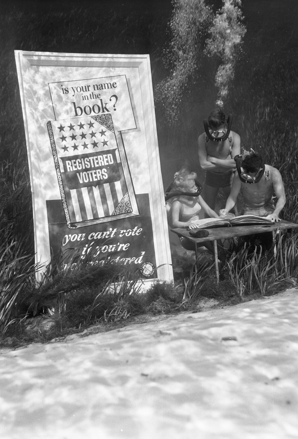 Three divers checking the book of registered voters underwater at Silver Springs.