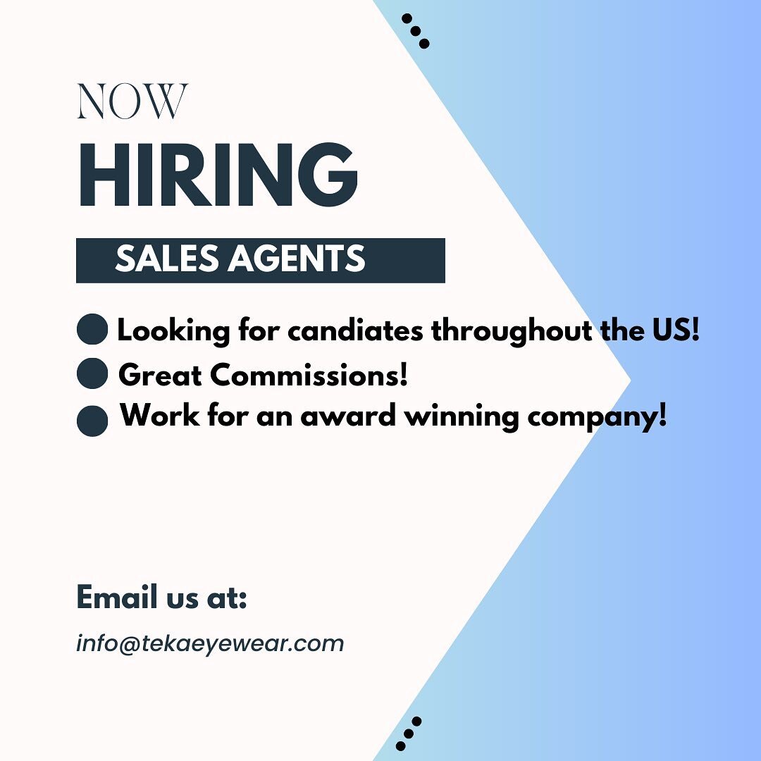 Now hiring sales agents! Shoot us an email at info@tekaeyewear.com😄