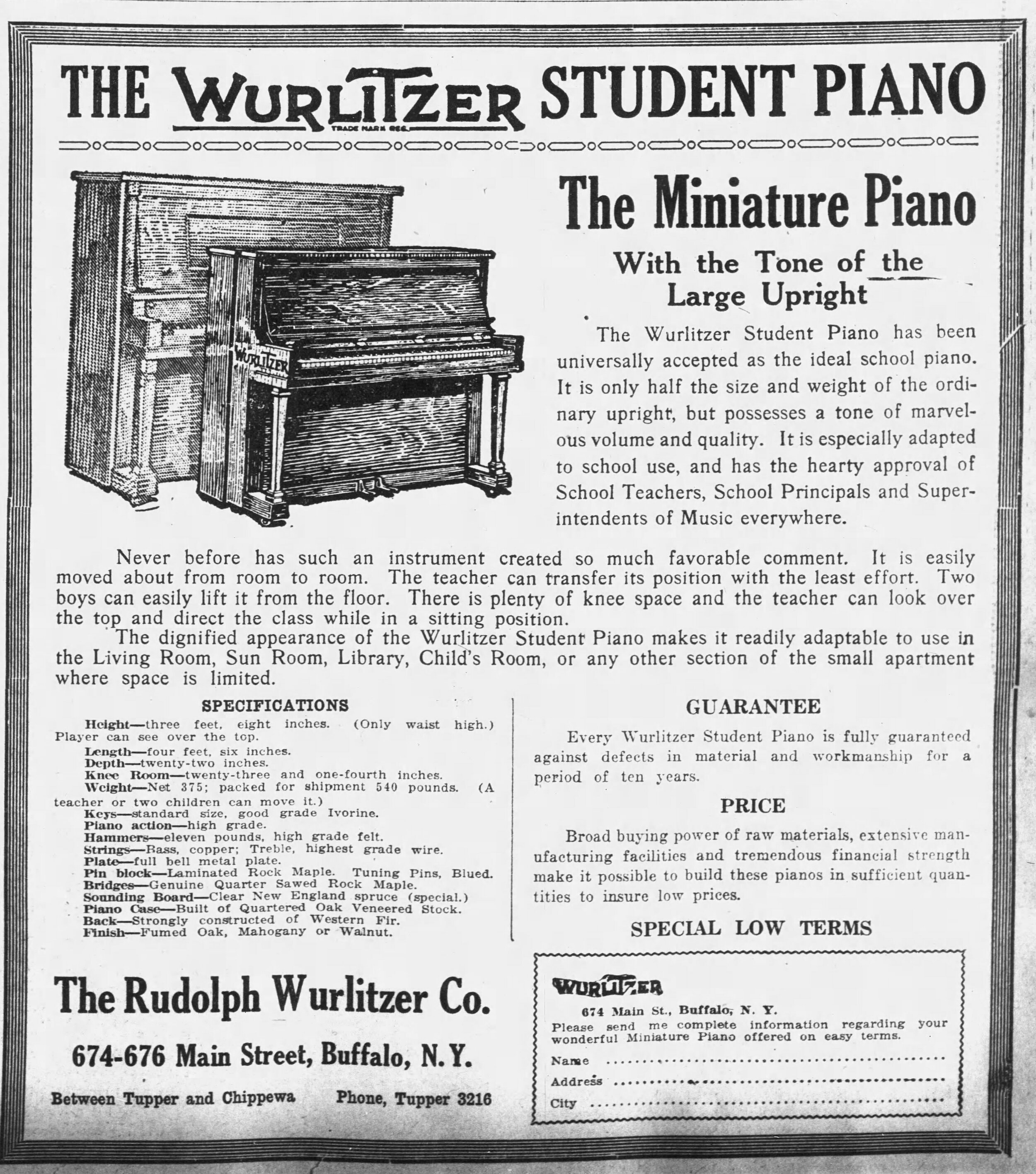  Advertisement for a Wurlitzer Student Piano in the Buffalo Times, May 14, 1922. 