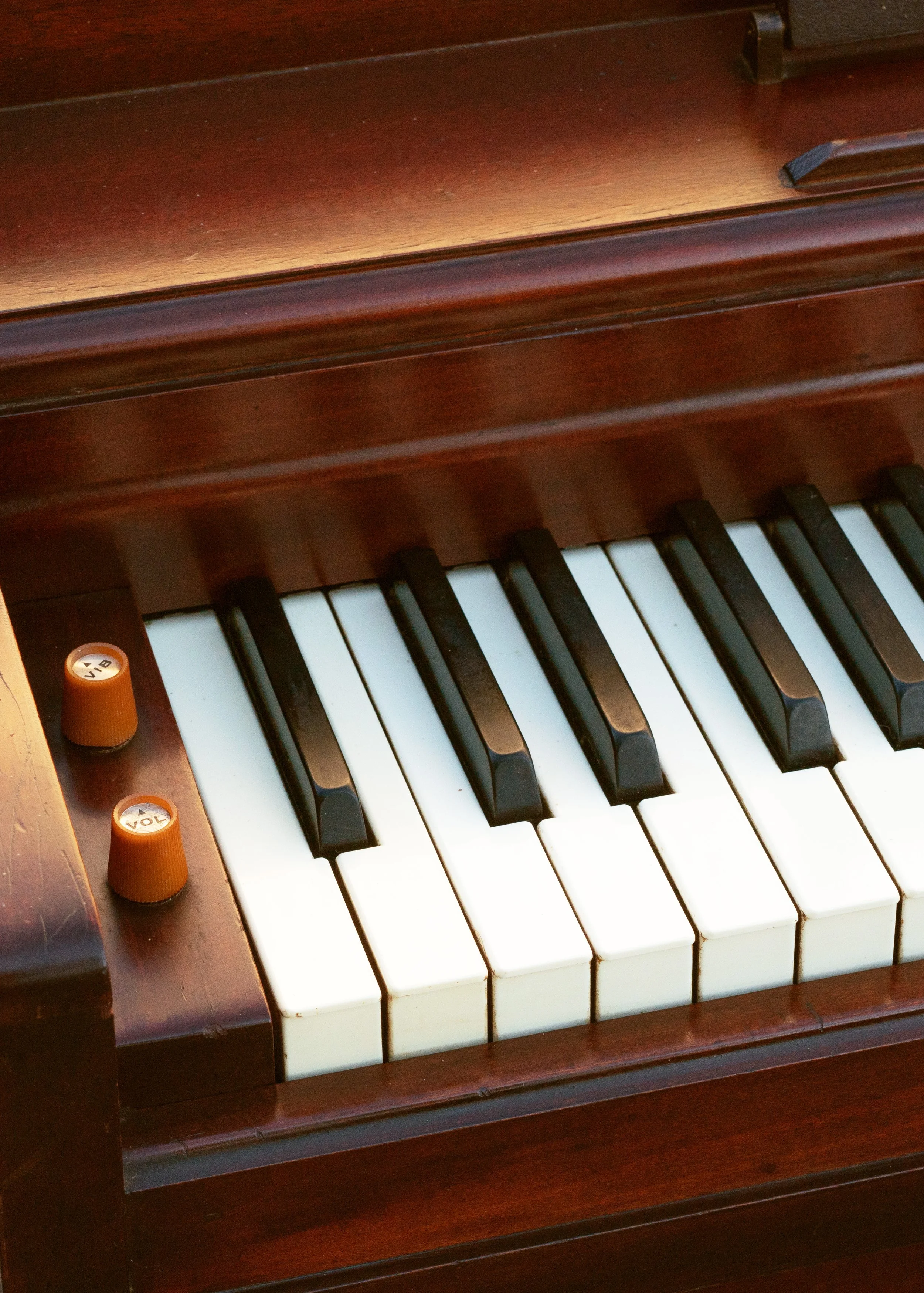 A closeup of a Wurlitzer 720 showing some of the bass register and the left keyblock which has the volume and vibrato knobs.