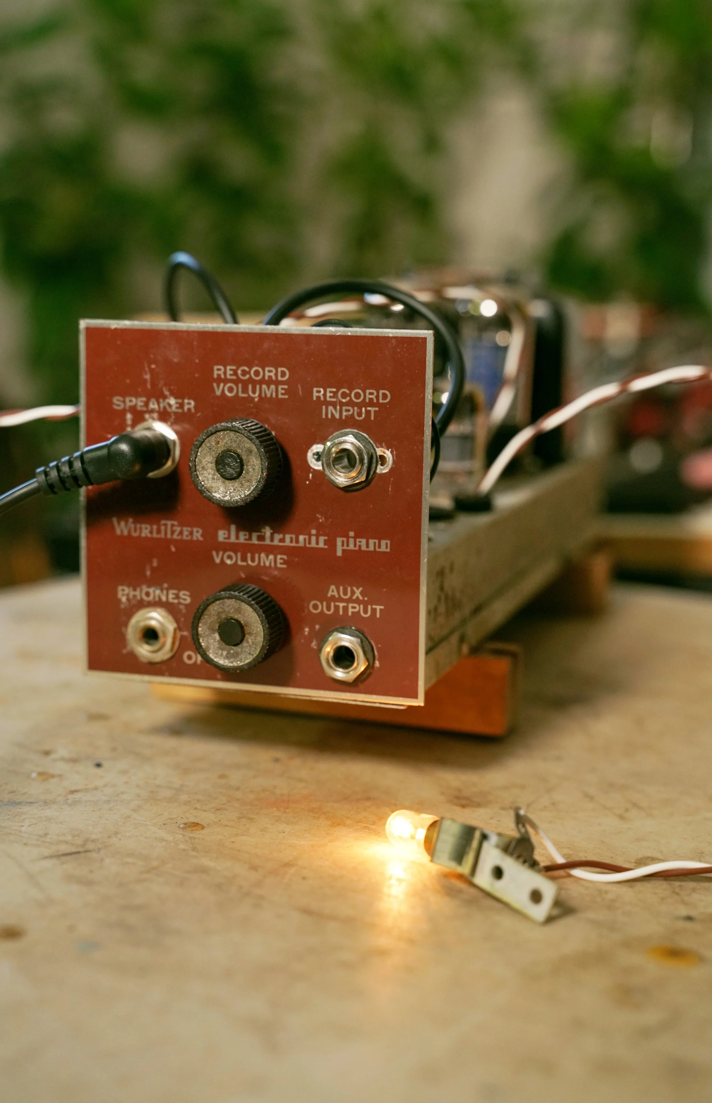 A closeup of a Wurlitzer 112 amplifier on a table, with the pilot light in the foreground.