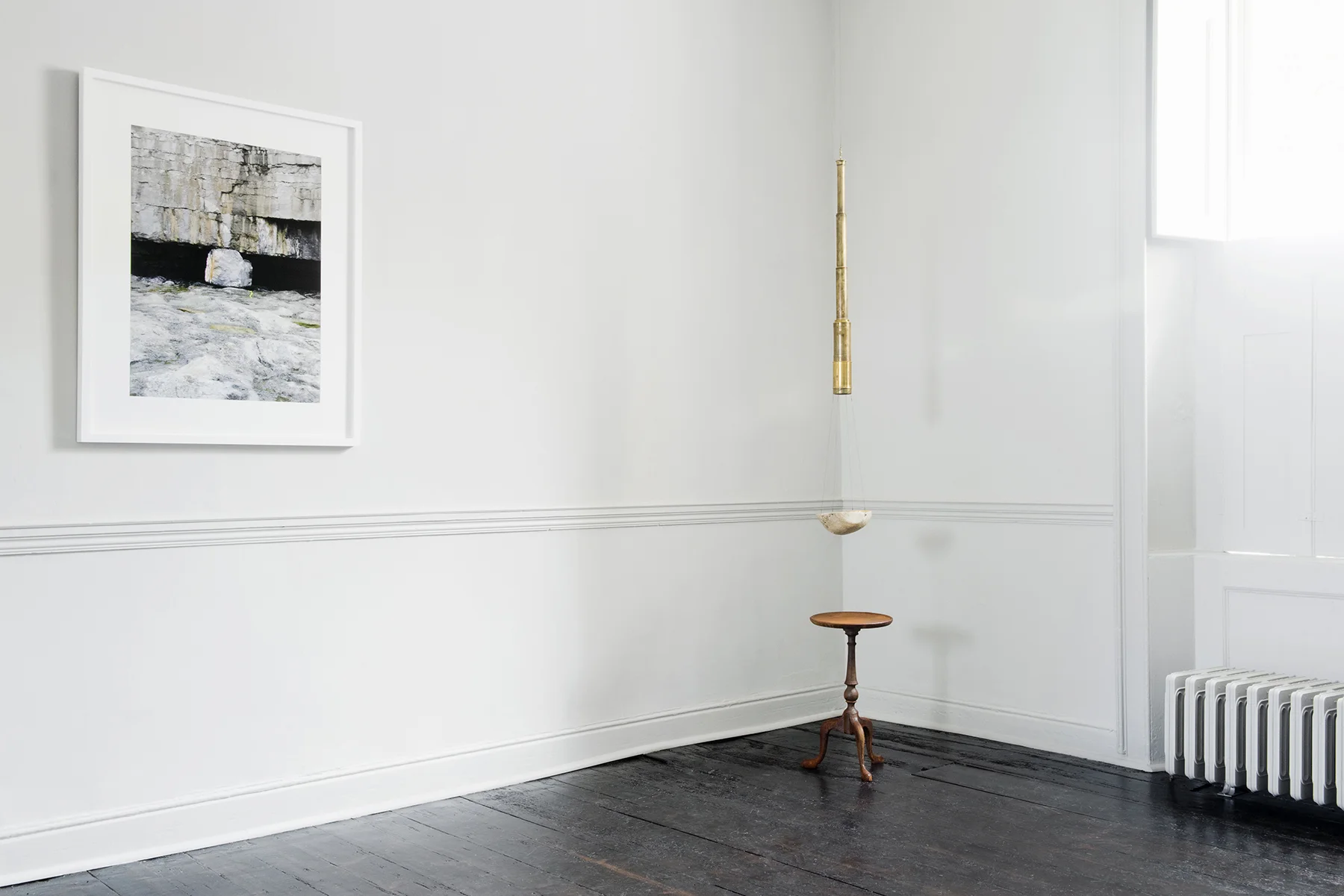 Dorothy Cross – Boulder , 2014, Archival pigment print, 92.3 x 74.8 cm framed Dorothy Cross – Table Telescope , 2016, Cast iron table 49 x 28 cm, antique brass telescope 5 x 91 cm, gilded human skull, meteorite