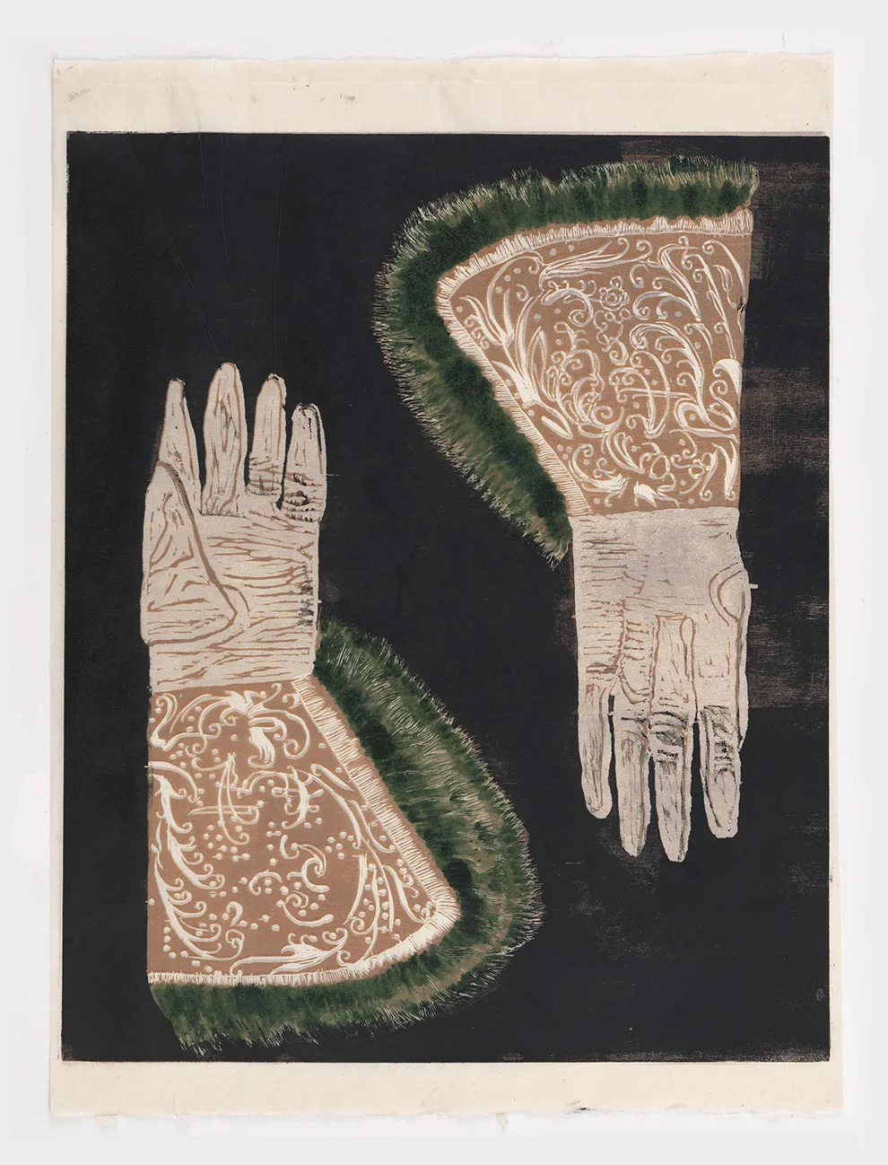 Mamma Andersson , Gauntlets , 2015, hand printed colour woodcut on rice paper, monotype, 65 x 49 cm