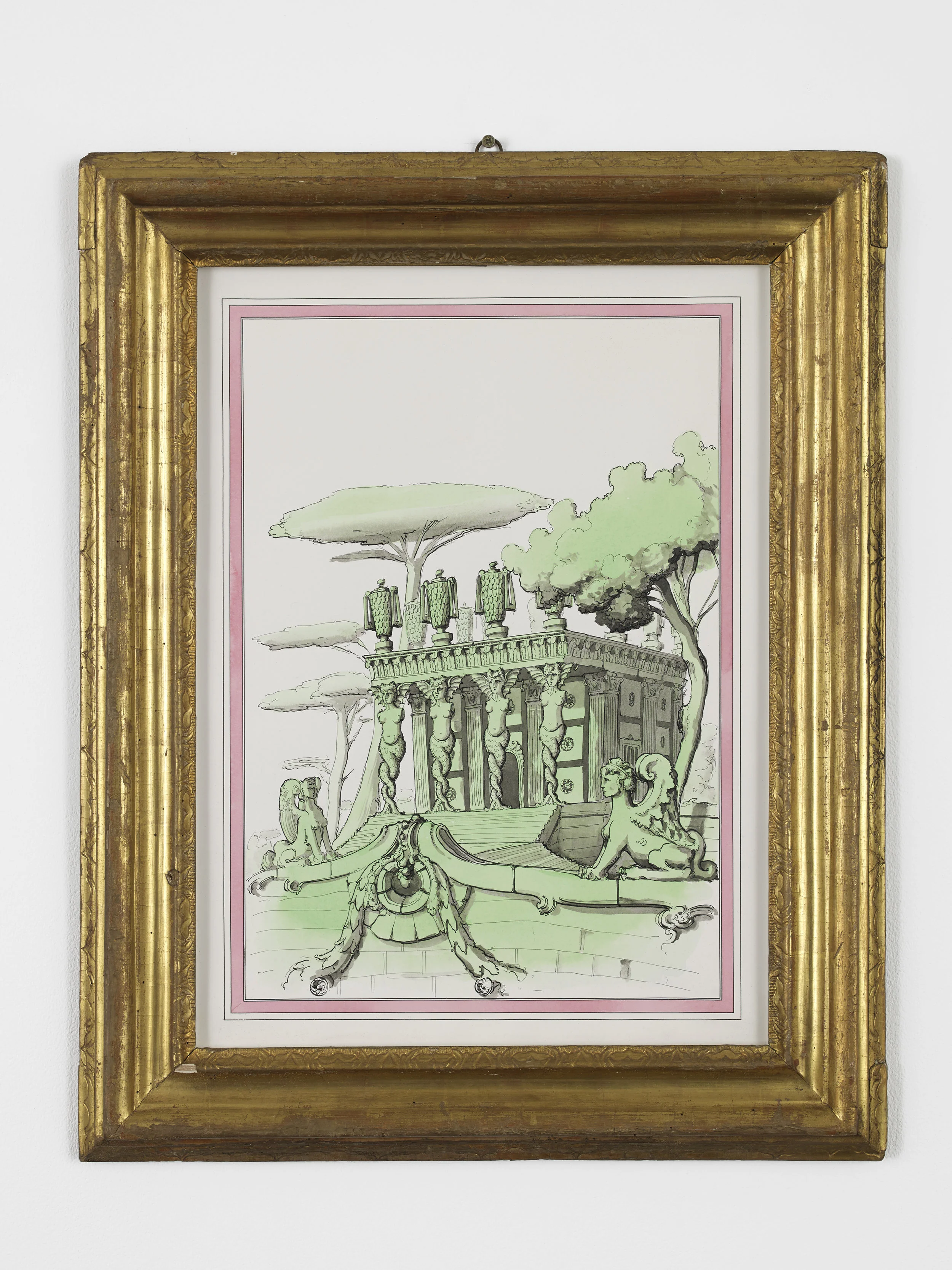 Pablo Bronstein, Mannerist Assemblage with fragments from an Alberti structure - Temple of Furies, 2015, Ink and watercolour on paper, artist’s frame, 74.5 x 59.8 cm