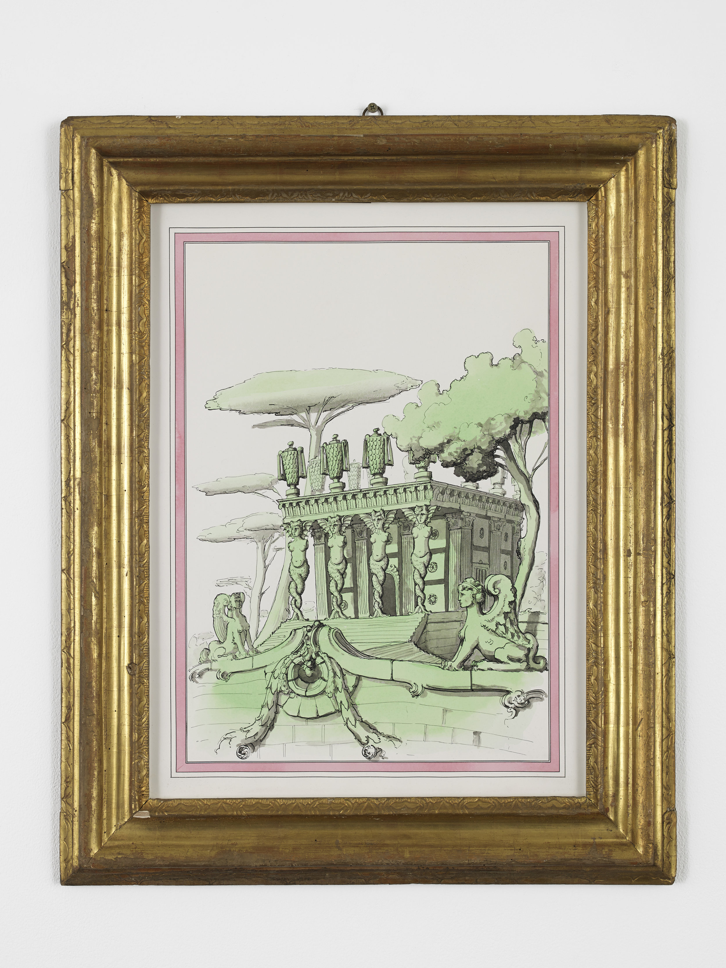 Pablo Bronstein, Mannerist Assemblage with fragments from an Alberti structure - Temple of Furies , 2015, Ink and watercolour on paper, artist’s frame, 74.5 x 59.8 cm