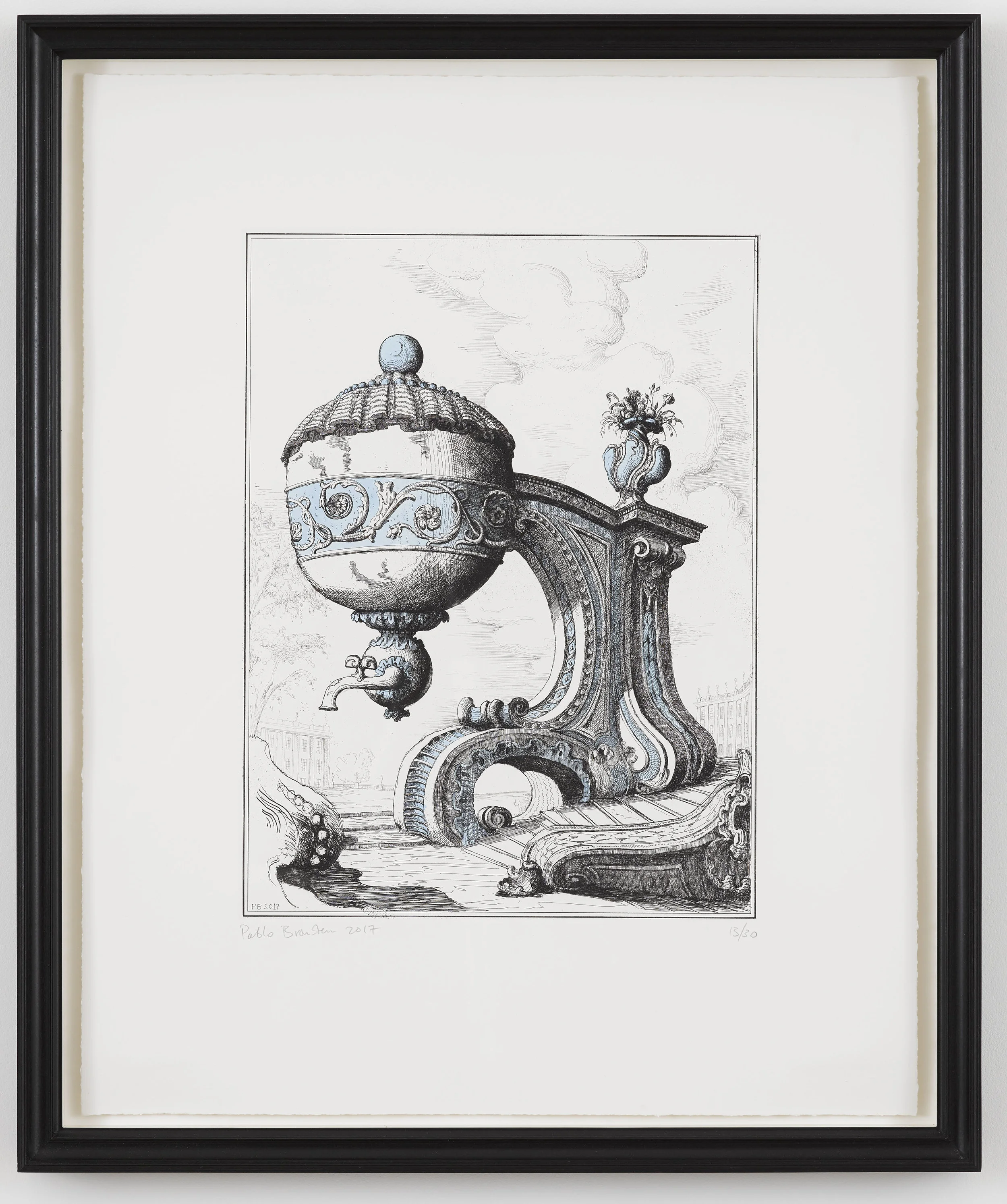 Pablo Bronstein, Tea Urn on Architectural Support II, 2017, Frame size: 66 x 55 cm,Hand ground etching, hand-coloured with ultra blue and violet ink on Fabriano Tiepolo 280 gsm paper