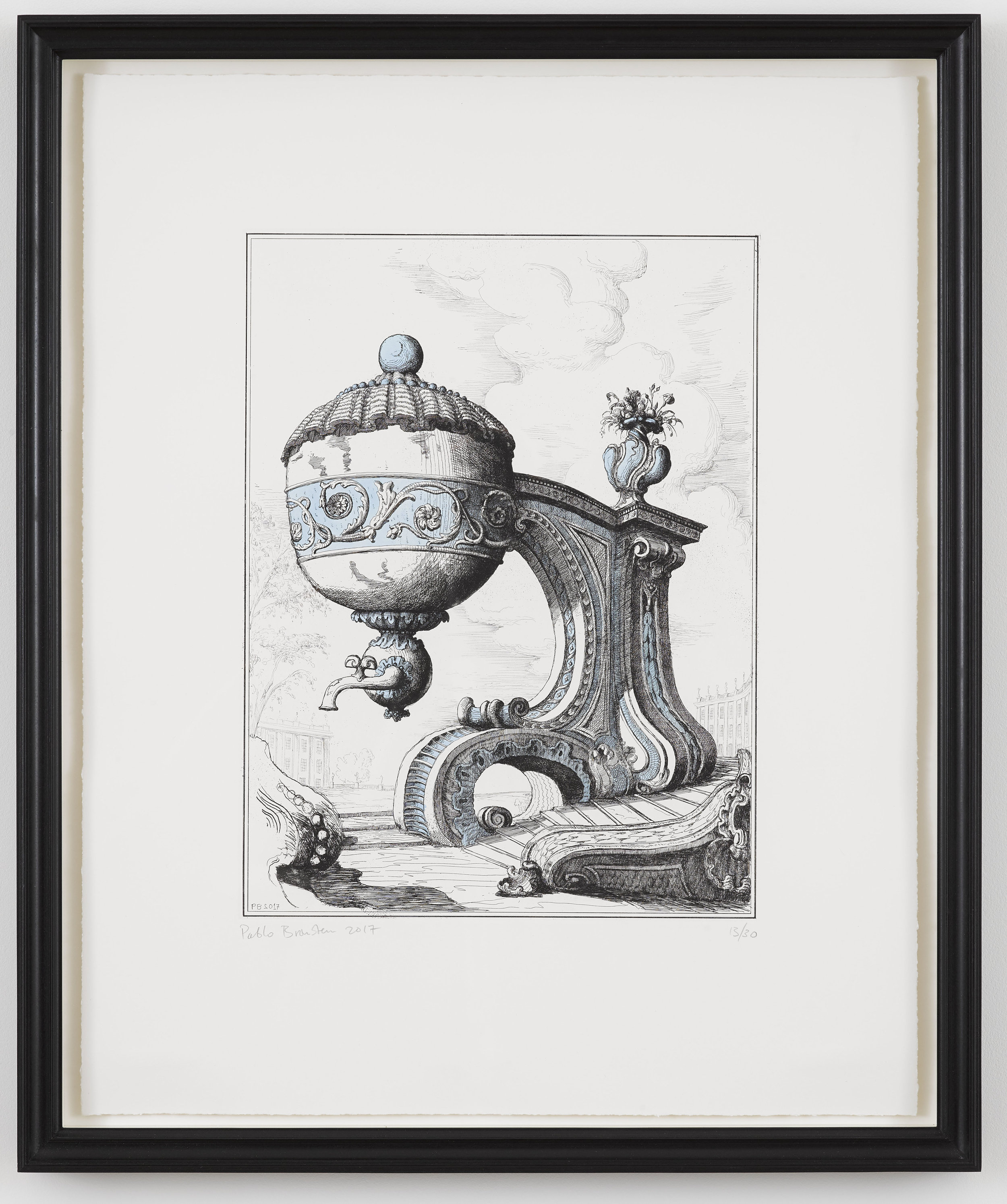 Pablo Bronstein, T ea Urn on Architectural Support II , 2017, Frame size: 66 x 55 cm, Hand ground etching, hand-coloured with ultra blue and violet ink on Fabriano Tiepolo 280 gsm paper