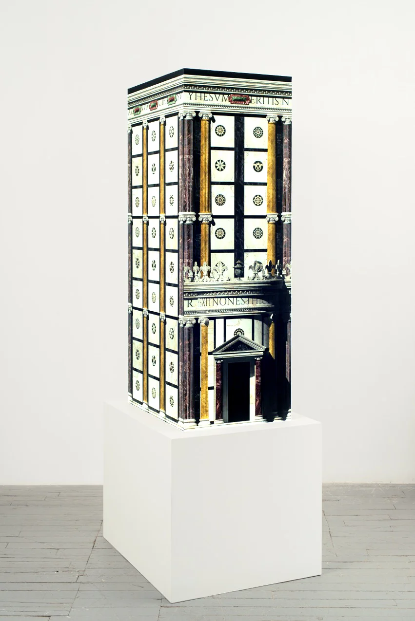 Pablo Bronstein, Hollow Renaissance Edifice , 2016, 159 x 70 x 54 cm, Plinth 60 x 90 x 74 cm, computer generated print on acid free cotton paper, MDF, plywood