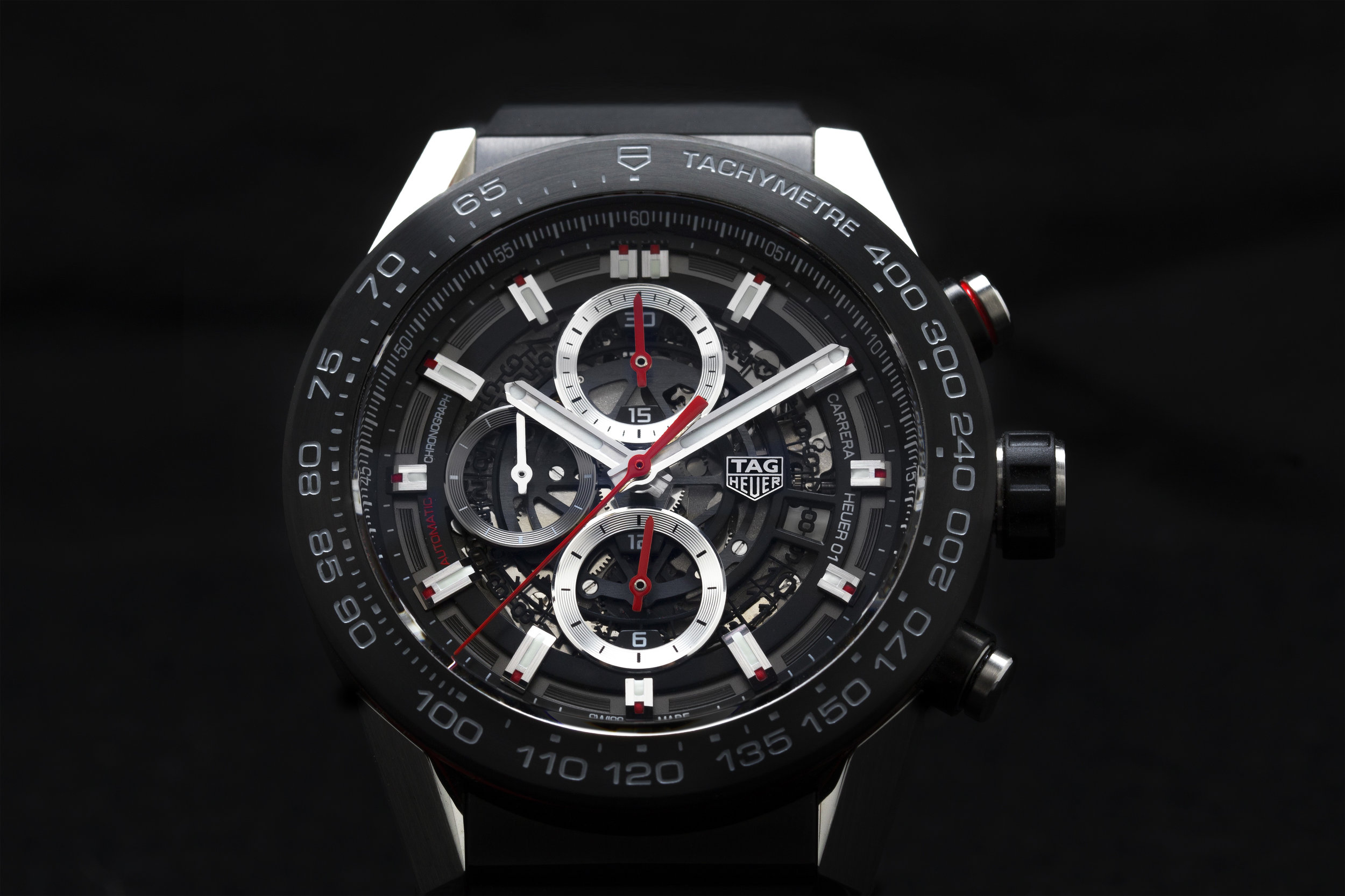 The impressive and striking dial of the TAG Heuer Carrera Heuer-01 . 