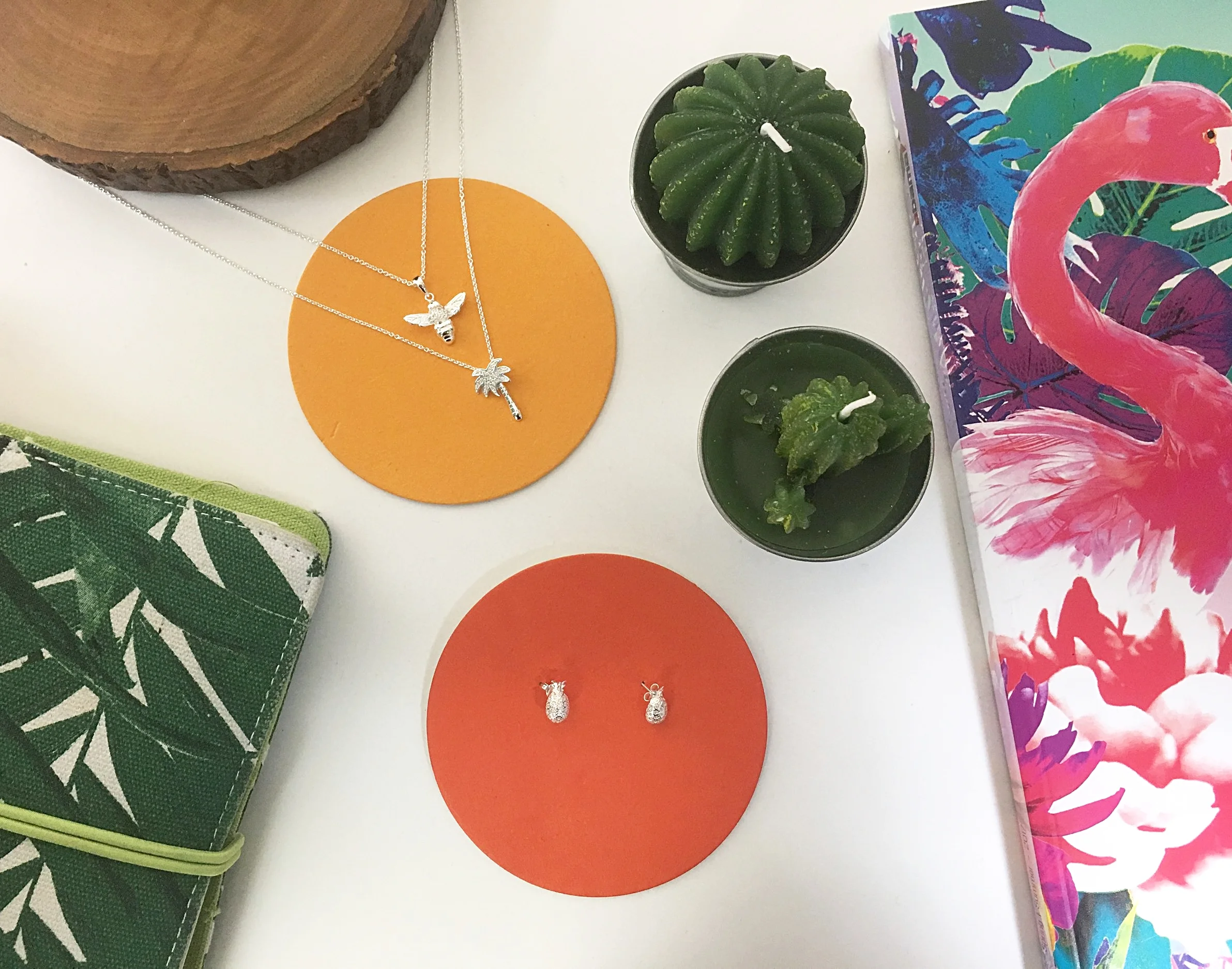 Our Bee Pendant , Palm Tree Pendant and Pineapple Earrings will bring sunshine to the everyday. 