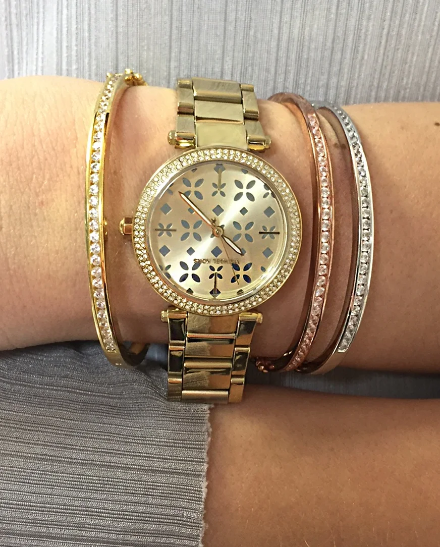 Layer up with our silver , gold plated and rose gold plated bangle and this exclusive-to-us Michael Kors Mini Parker Watch . 