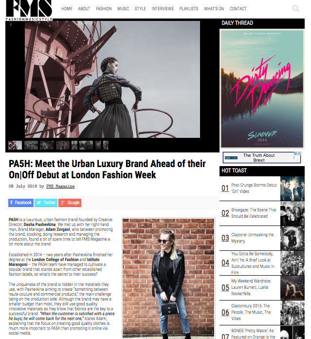 FMS Magazine 8 July 2016 PA5H piece on Fashion Music Style