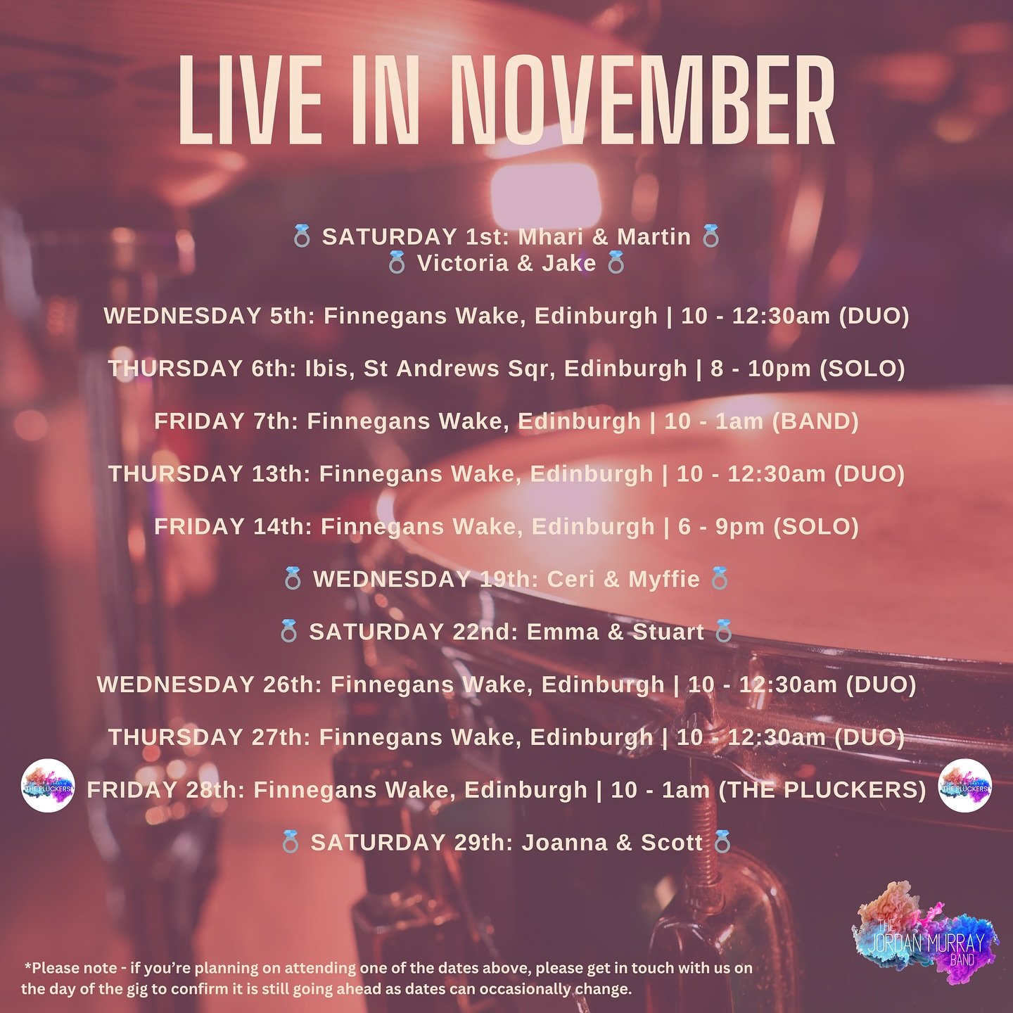 🔥🍂 NOVEMBER 🍂🔥

This year is racing by! How are we talking about November dates already?! A few less gigs this month than October (we counted 8 bar gigs, 10 pumpkin festival slots, 6 ceremonies, 7 drinks receptions, 2 meal sets and 3 evening rece