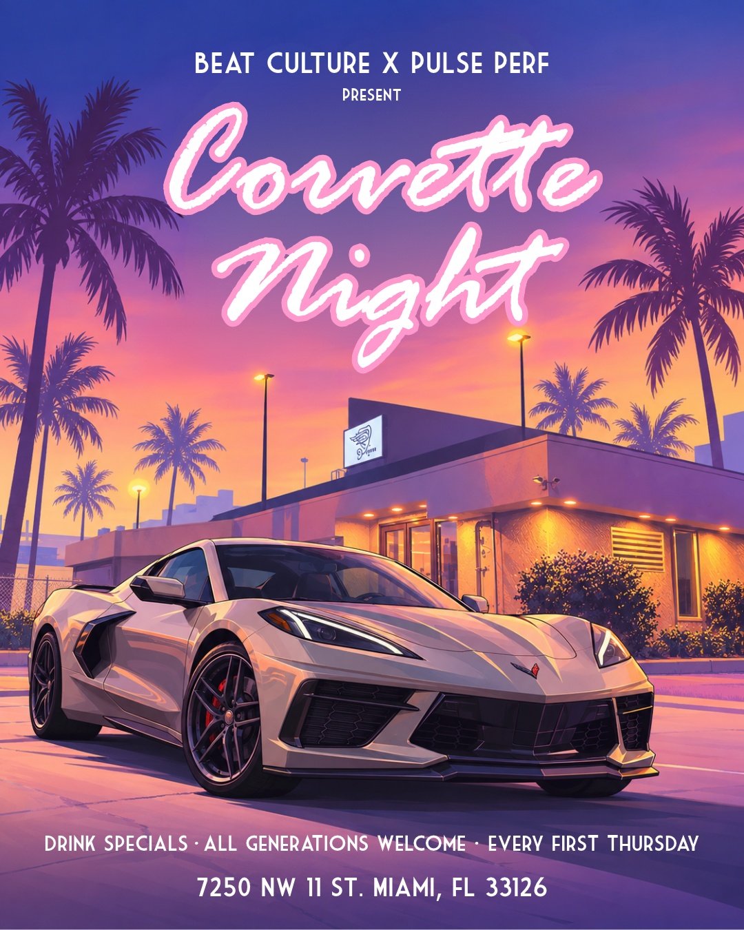 New mission unlocked: Corvette Night at Beat Culture 🎮

Pull up to Beat Culture with @isaac_gmspecialist of Pulse Perf every first Thursday. All Corvette generations are welcome, and there are drink specials waiting when you park 🥃

📍 7250 NW 11 S