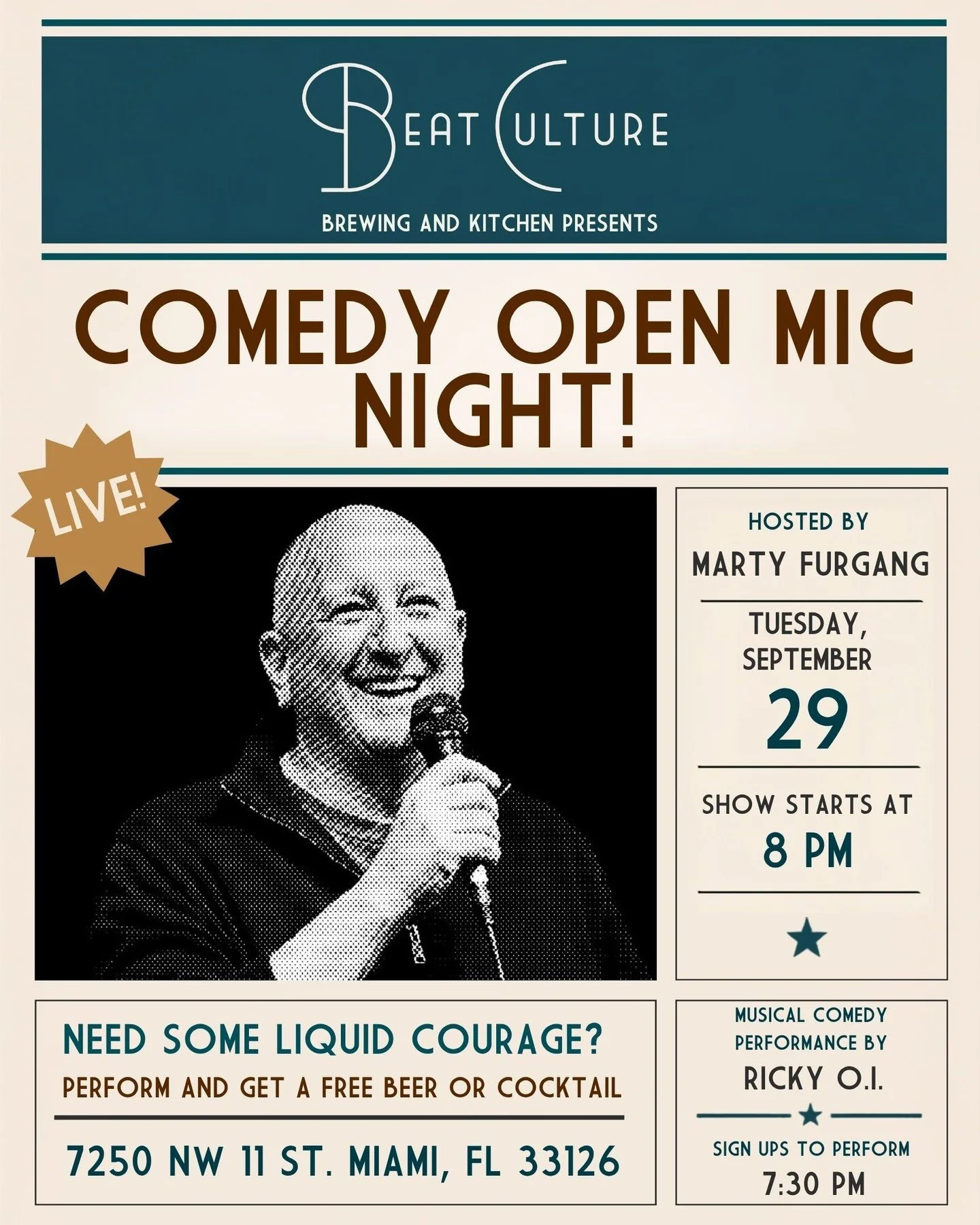 The lineup has jokes. We have drinks. You can bring your own material too. 🎤

Swipe to meet the comics joining us Tuesday, September 29, for Comedy Open Mic Night, hosted by Marty Furgang, with musical comedy from Ricky O.I.

Sign-ups start at 7:30 