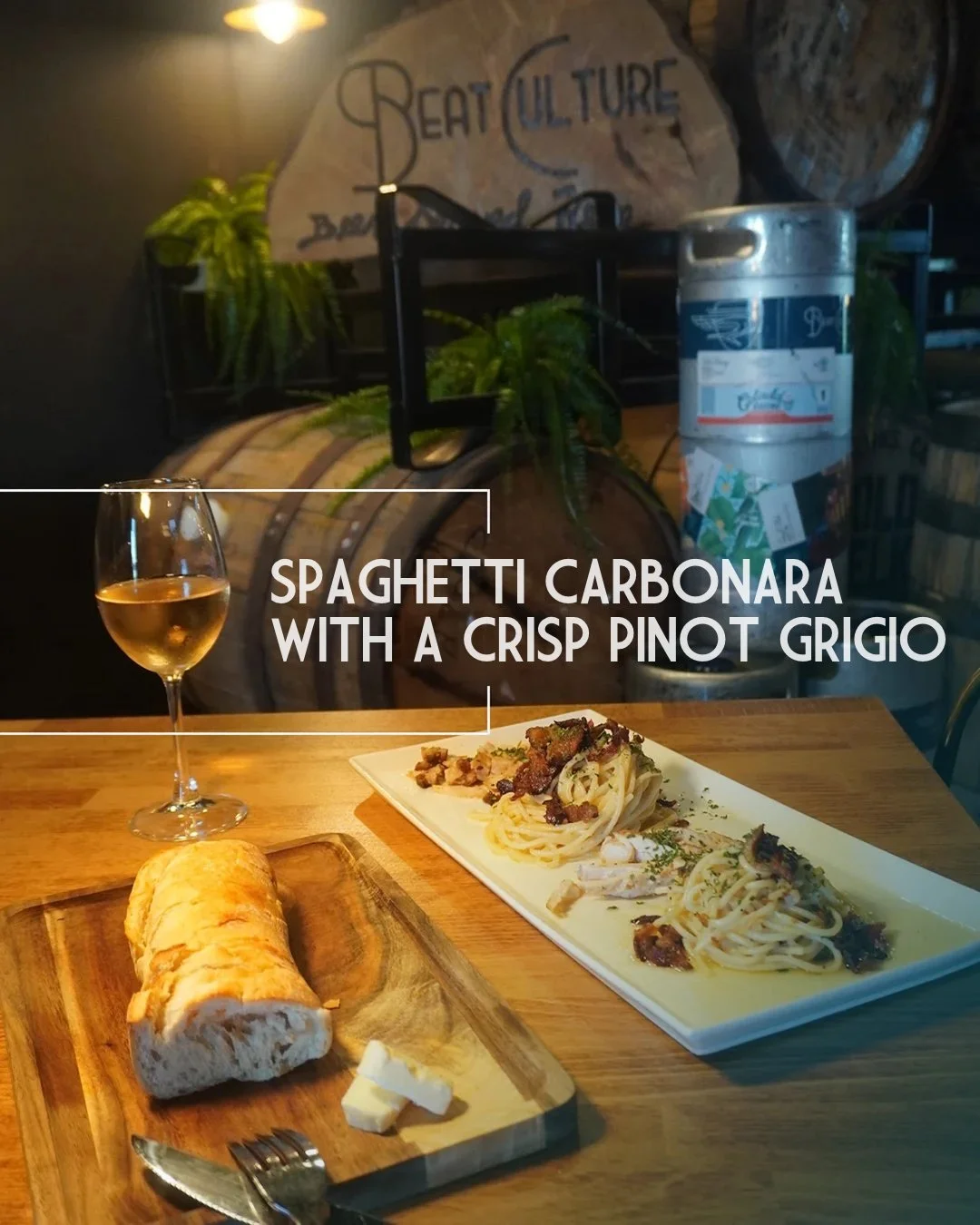 Pasta &amp; Pinot. Name a better dinner date. 🍝🥂

Celebrate National Pasta Month with Spaghetti Carbonara and a crisp, chilled Pinot Grigio at Beat Culture. A little comfort, a little cheers, and a good reason to go out for dinner.

#BeatCulture #N
