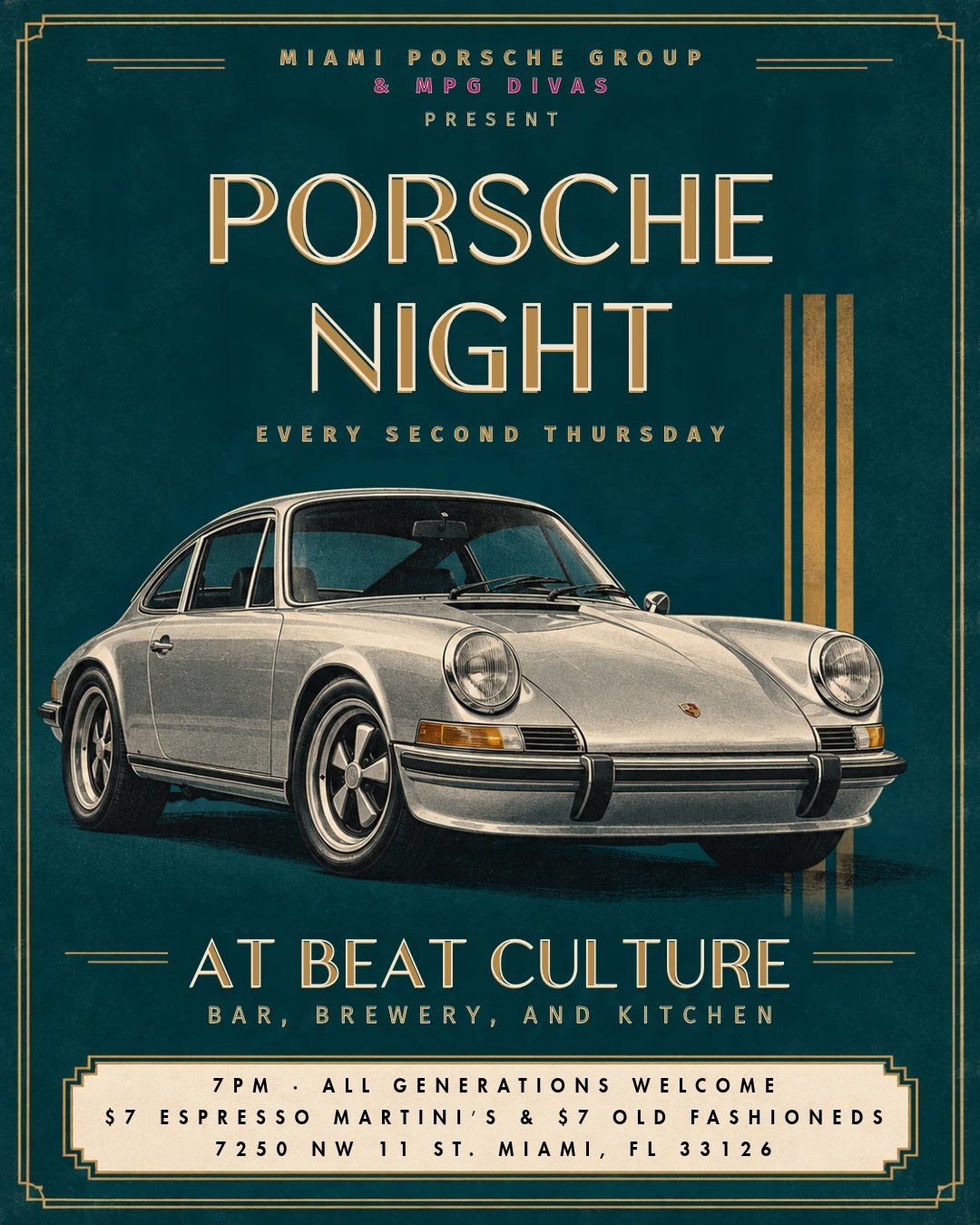 Some classics belong in the parking lot. Others come in a glass. 🏁🥃

Join Miami Porsche Group &amp; MPG Divas for Porsche Night at Beat Culture every second Thursday at 7 PM. All generations welcome, with $7 Espresso Martinis &amp; $7 Old Fashioned