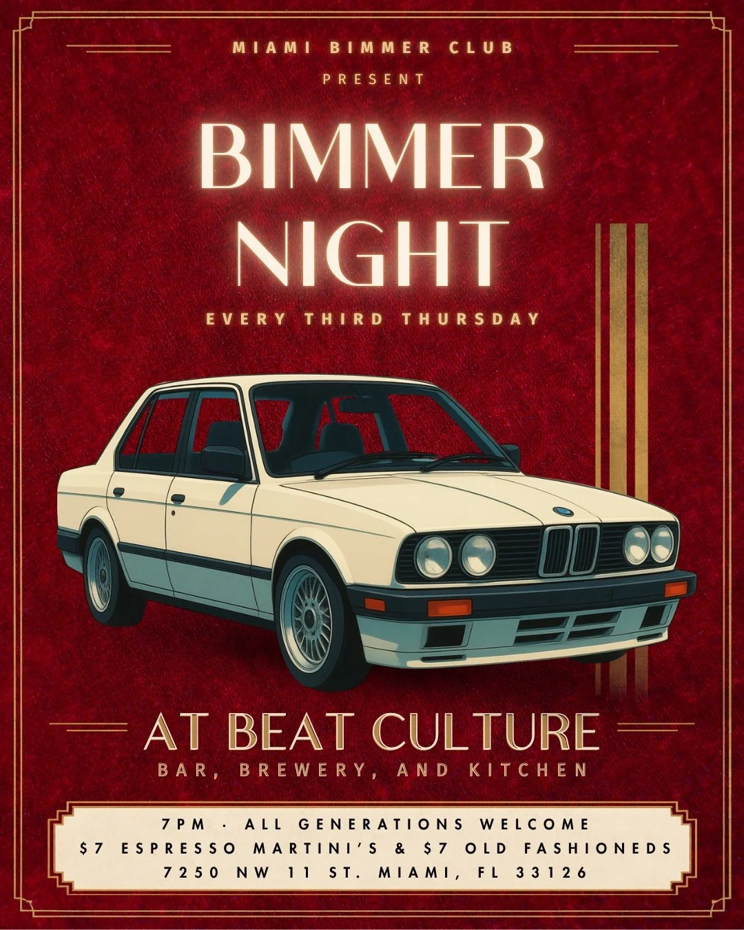 Classic cars coupled with classic cocktails sounds like a Thursday night well spent. 🏁

Join the @miami_bimmer_club for Bimmer Night at Beat Culture, happening every third Thursday of the month. All generations of BMWs are welcome, so bring yours ou