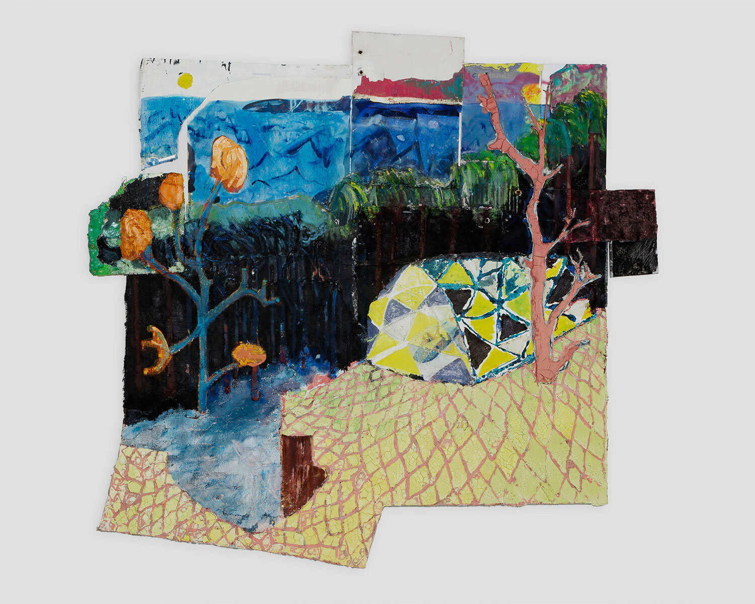 James Gardner, Man in Tent (Dionysus Camping) , 2020, huile et acrylique sur toile et jute, 231 x 269 cm (91” x 106”)
