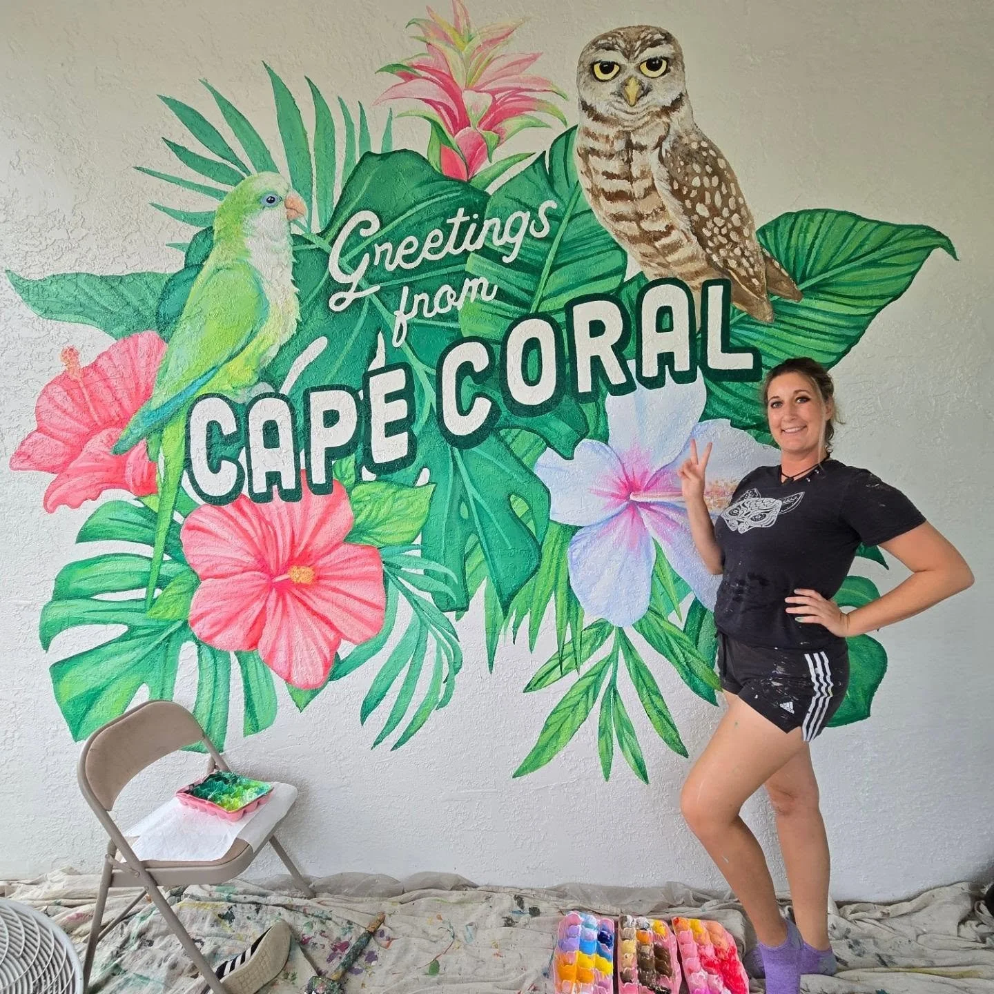 Check out this new piece I just finished for the nicest couple ever in Cape Coral 🥹💖🌺

It was cool to do a painting that is totally unique to Cape Coral; the Monk Parakeet represents the flock that is nesting at the park across the street, and the