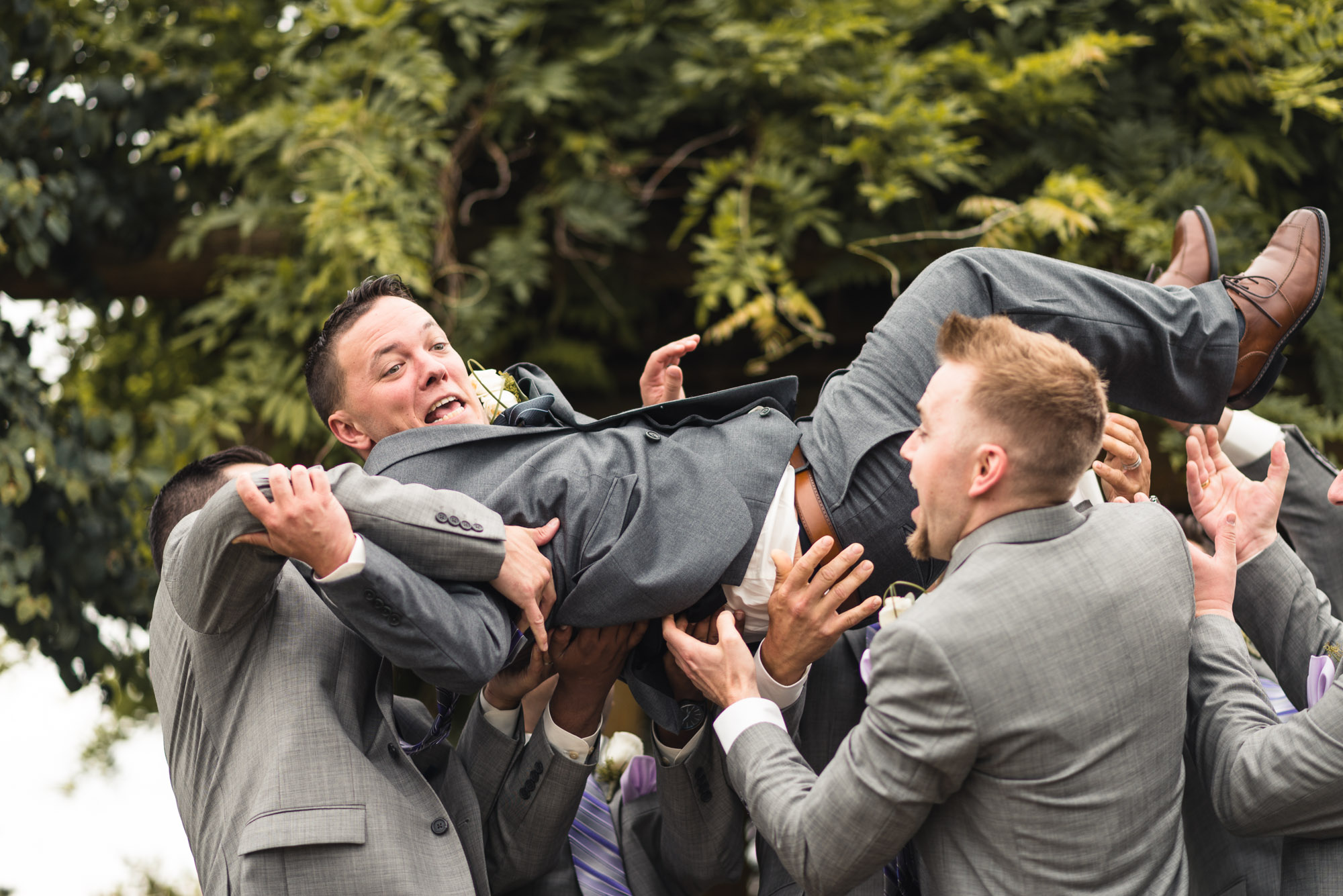 Groomsmen tossing Groom into air