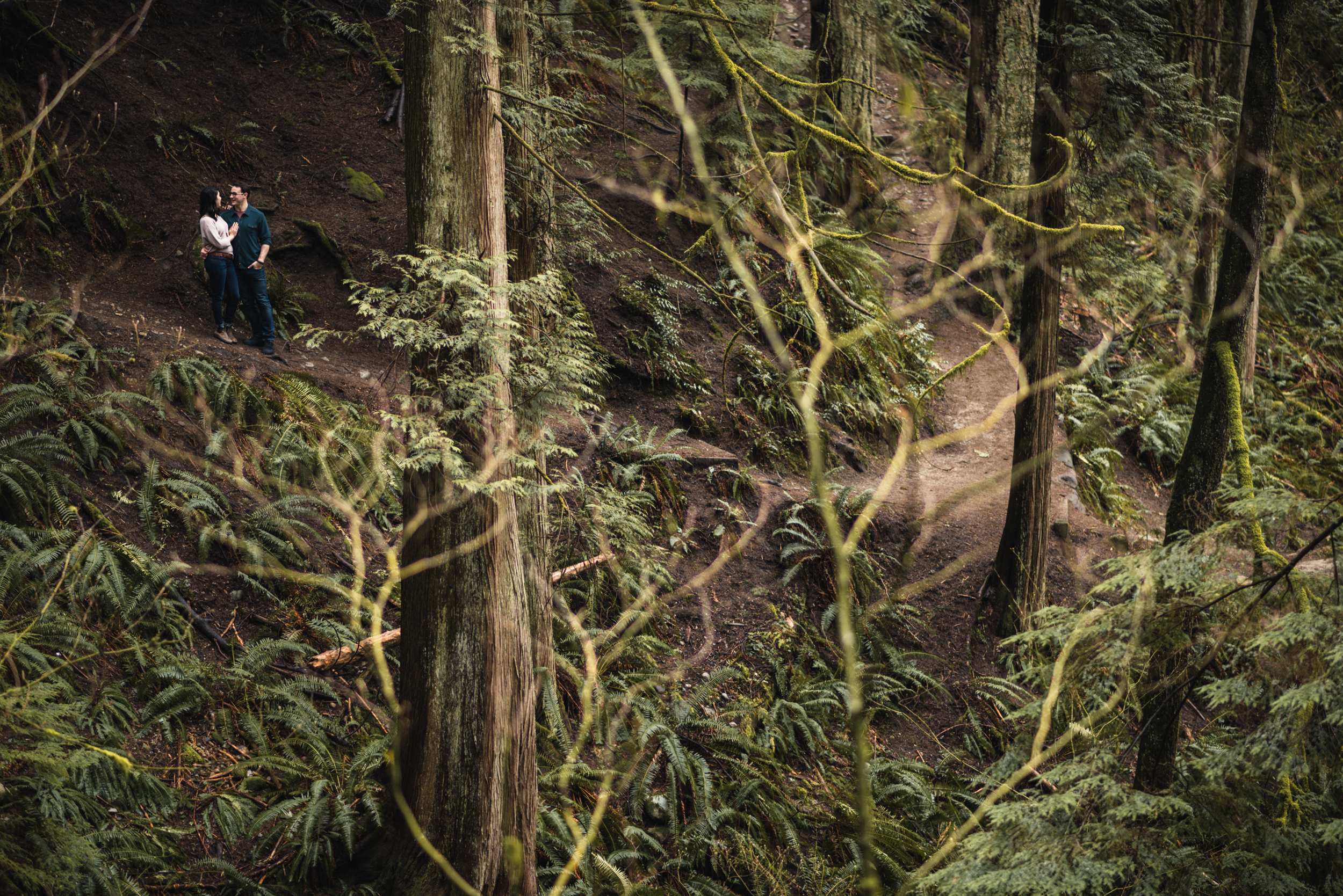 Couple embracing on forest trail