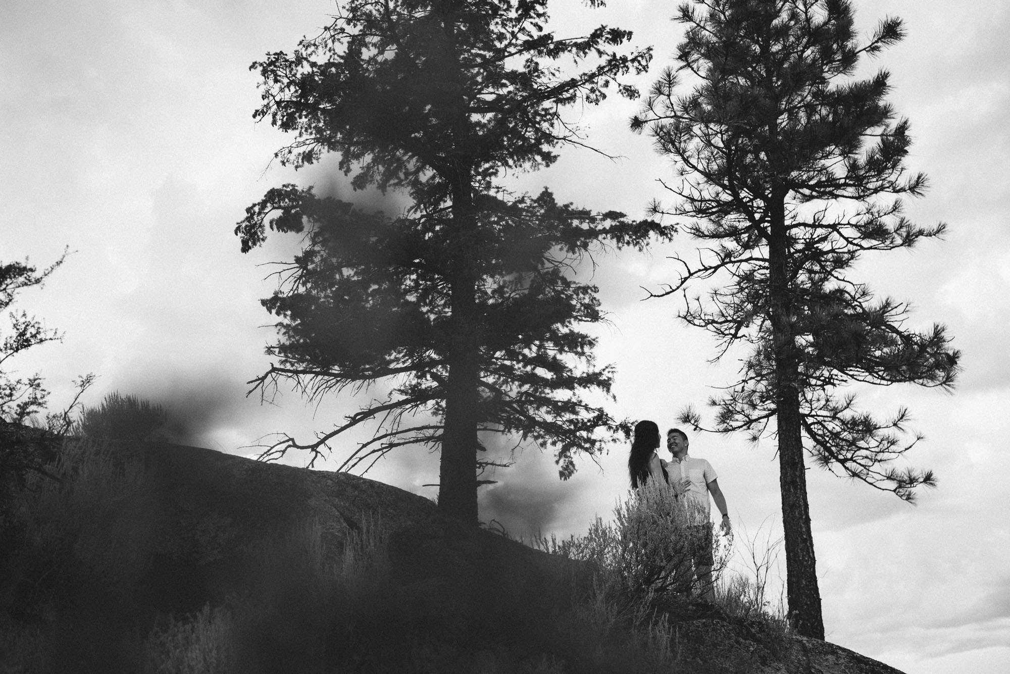 Couple poses with trees on Anarchist Mountain, Osoyoos