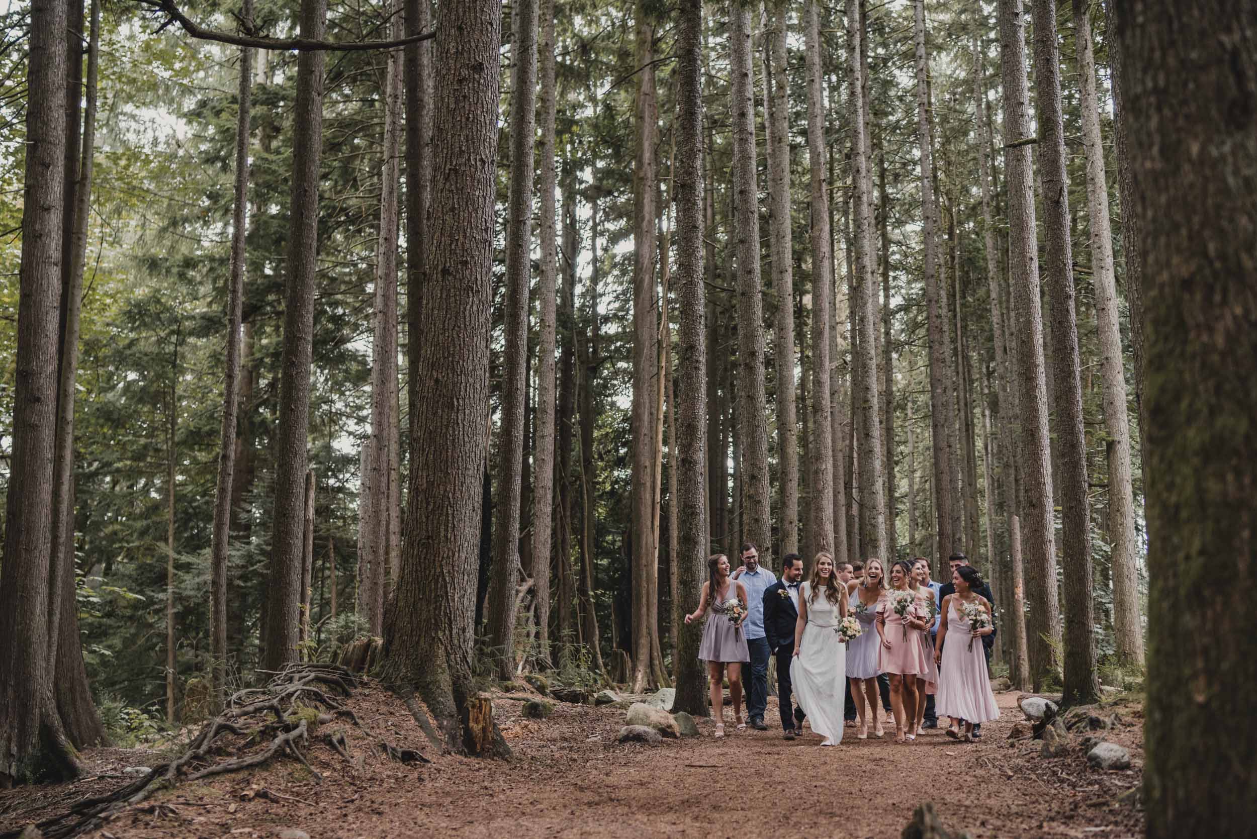 Bridal party walks down forest path