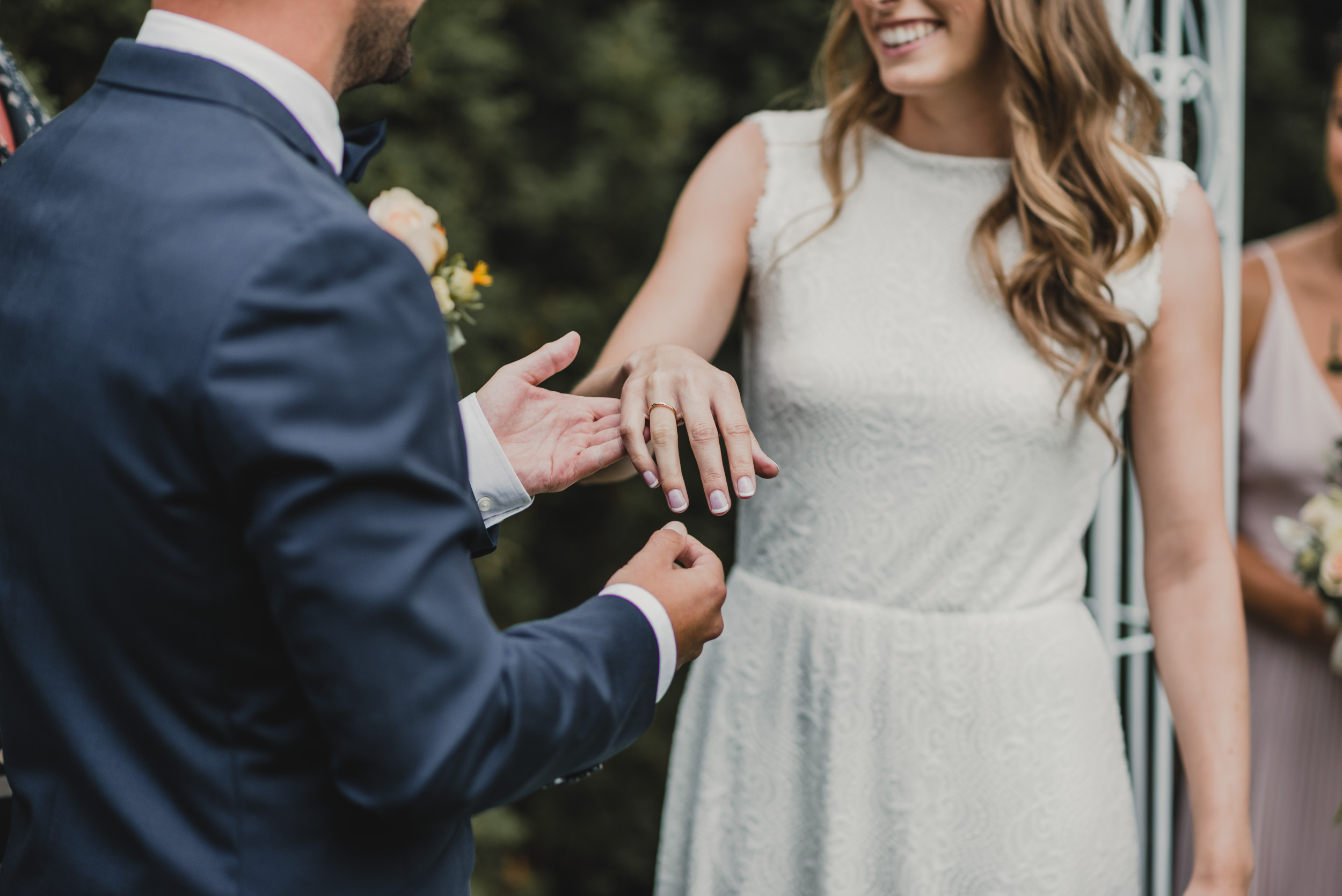 Grooms places ring on Bride's finger