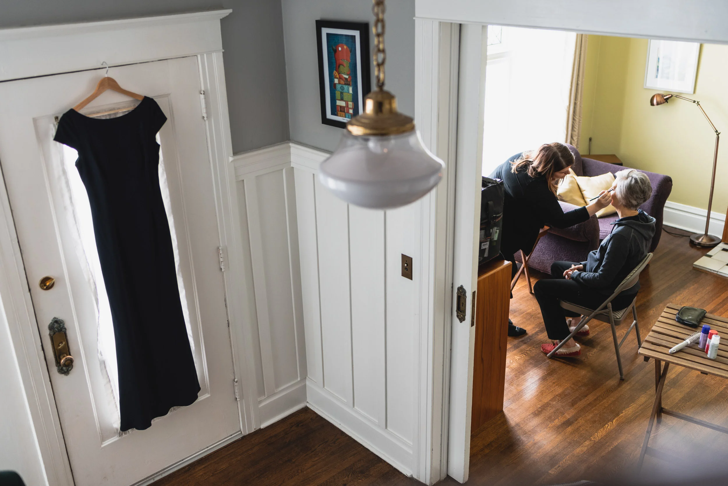 Blue wedding dress hanging mother of the Bride getting ready